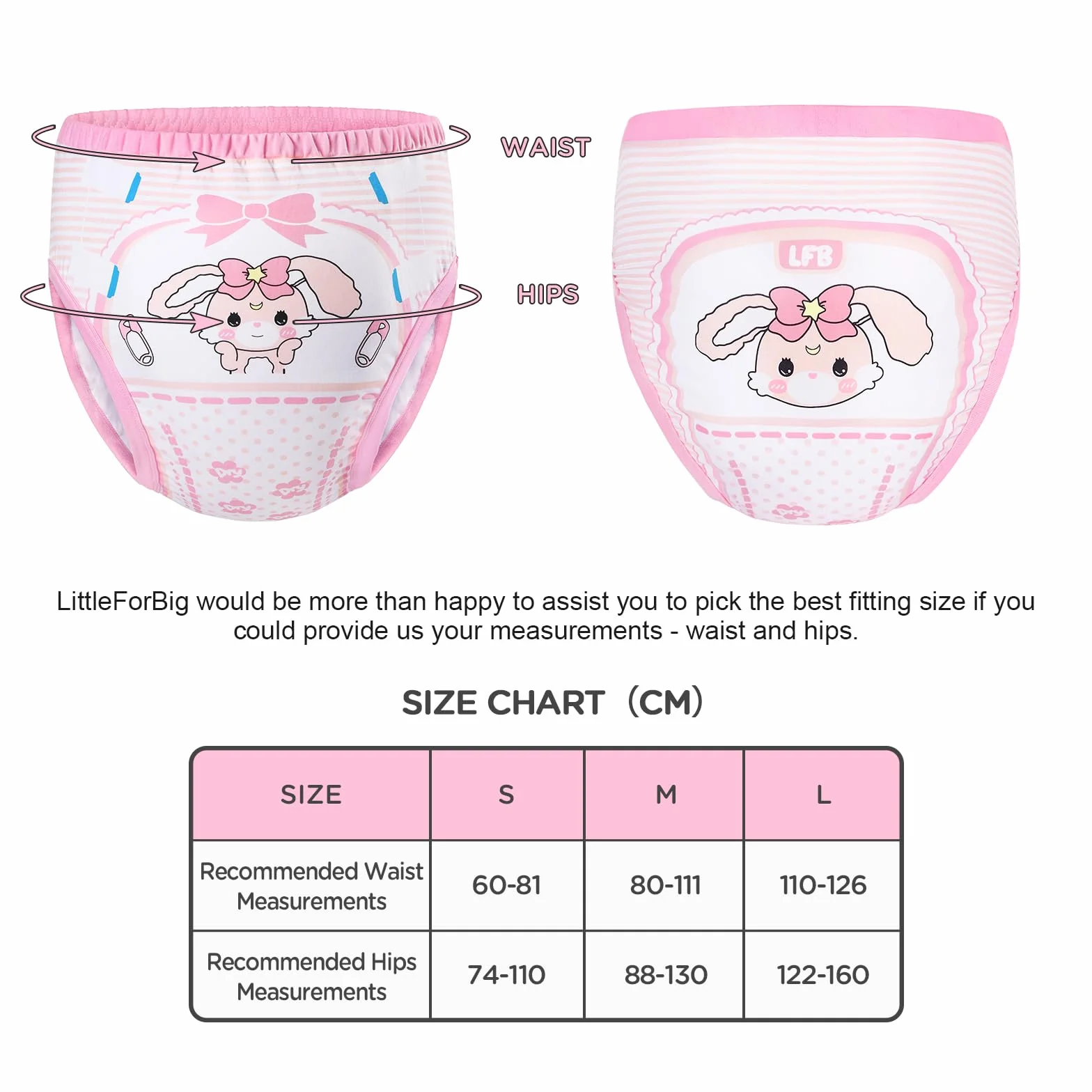 LittleForBig Weiche Baumwoll Unterwäsche Bequeme Waschbare Wiederverwendbare Trainingshosen für Erwachsene - Baby Usagi Rosa S