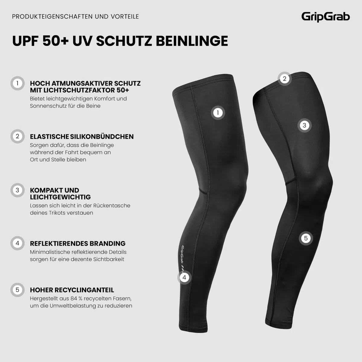 GripGrab UPF 50+ UV-Schutz Radsport Beinlinge Sommer Leicht & Atmungsaktiv | Silikonbündchen gegen Verrutschen, 84 % Recyclingfasern, für Rennrad & Mountainbike, kompakt verstaubar, dünne Beinstulpen