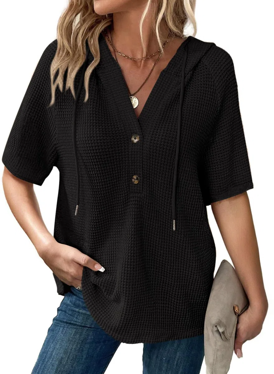Dokotoo Damen Sommer Hoodie Oberteile Waffel Kurzarm Kapuzenpullover Tunika Oberteil Pullover Kordelzug Sweatshirt Einfarbig Sweatshirts Frauen Lässig Tops T-Shirts S-XXL