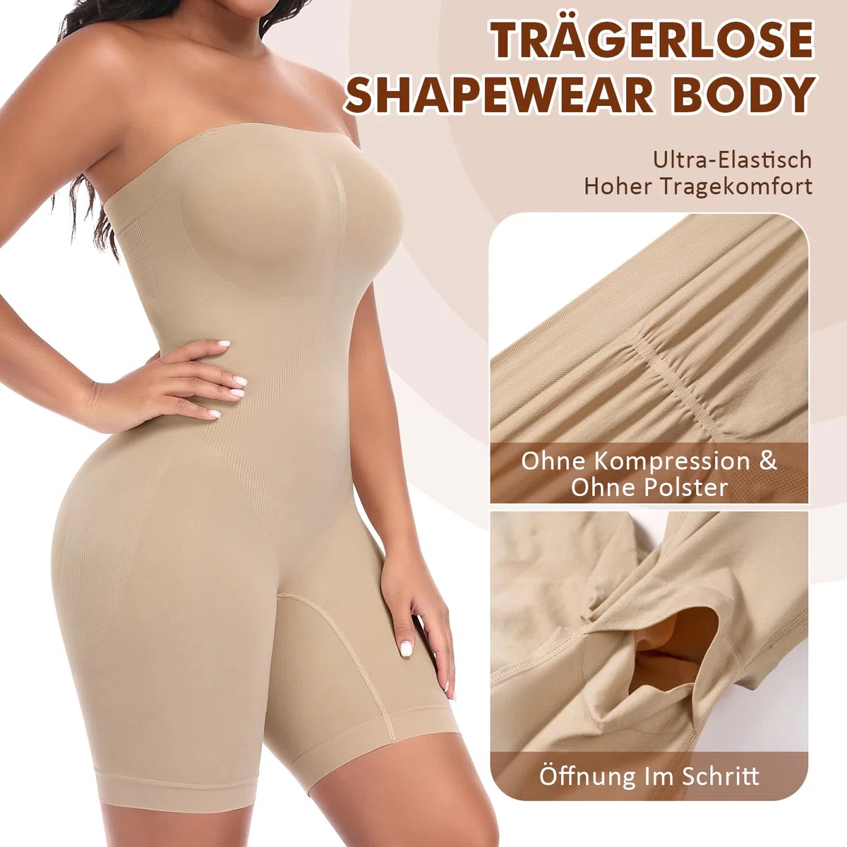 Werena Shapewear Damen Body Bauchweg Trägerlos – Full Body Shaper mit Bein, Nahtloser Bodysuit Stark Formend, Figurformender Miederbody mit 2 Paar Abnehmbaren Trägern