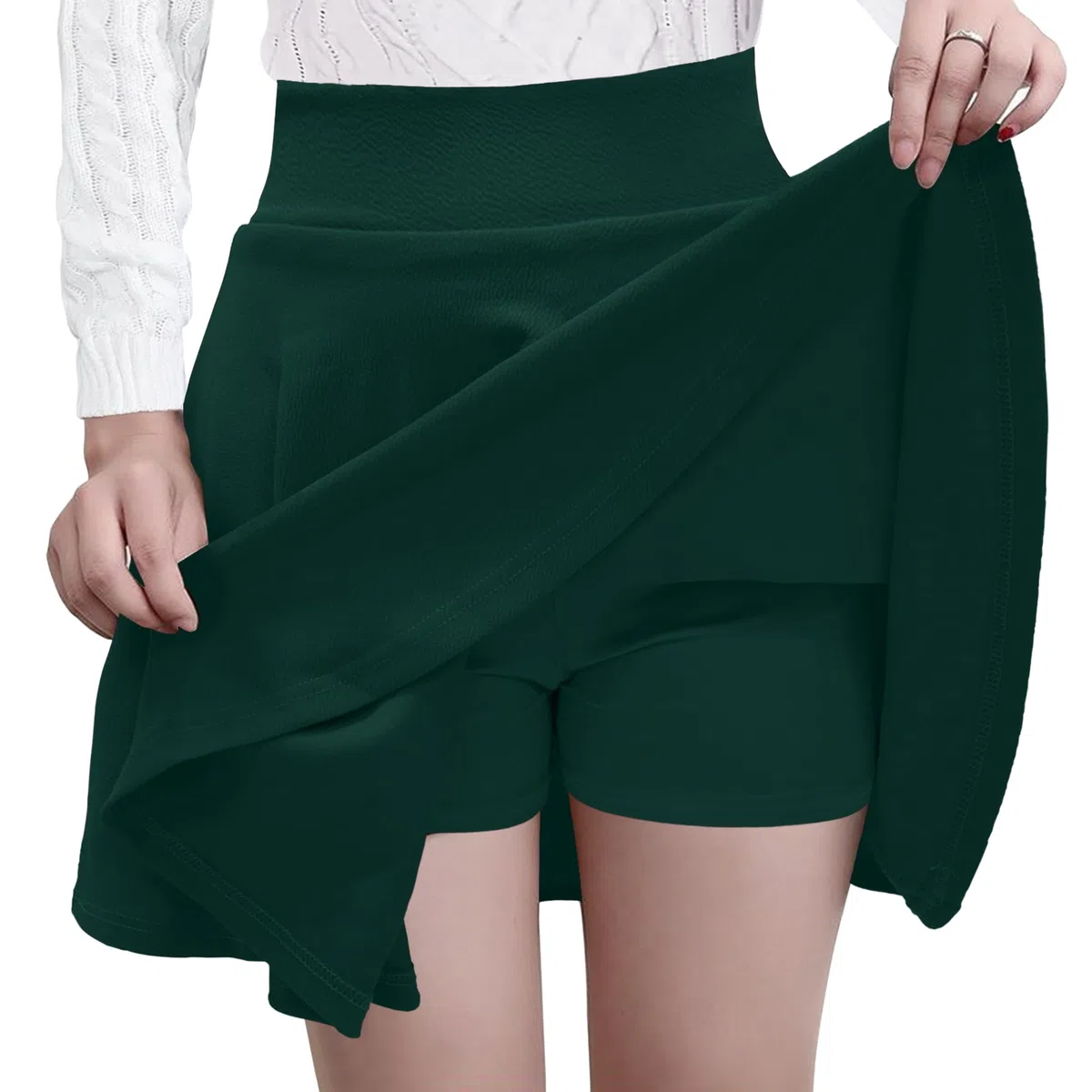 GOOBGS Women's Casual Versatile Mini Skater Stretchy Skirt with Shorts Deep Green Small