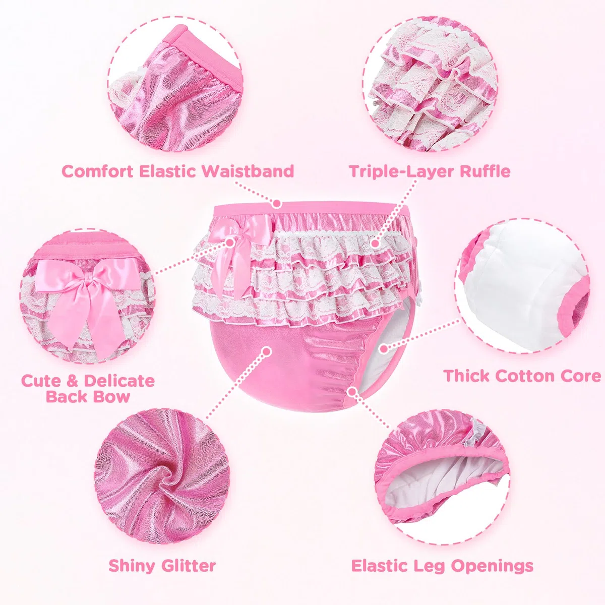 LittleForBig Weiche Unterwäsche Bequeme Waschbare Wiederverwendbare Gerüschte Spitzenschleife Pretty in Magenta/Schwarz/Rosa Glitzernd Trainingshosen für Erwachsene