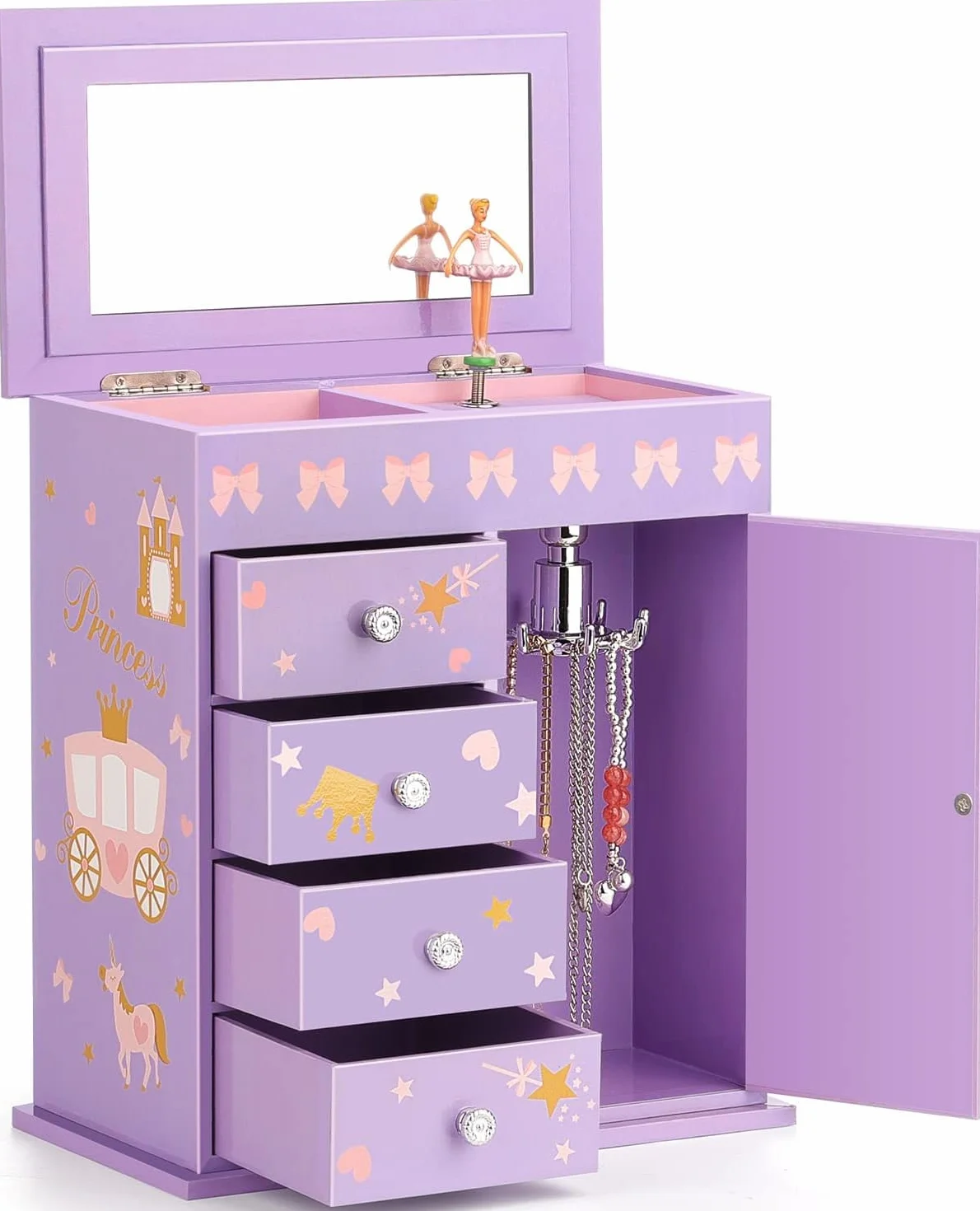 Redcoutt Schmuckkästchen für Mädchen mit 5 Schichten, Schwenktür, drehender Ballerina, Einhorn- und Schlossdesign, Einhorn-Geschenke für Mädchen, Geburtstags(Lila)