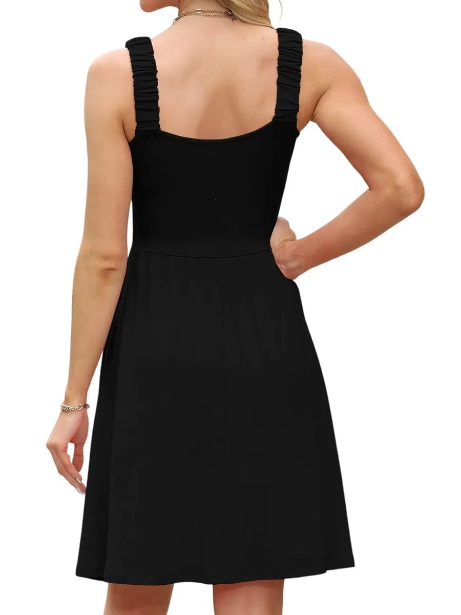 Oyamiki Sommerkleider Damen Knielang Ärmellos Blumen Hohe Taille A Linien mit Eckiger Ausschnitt Kleid Casual Strandkleider Floral Midikleid