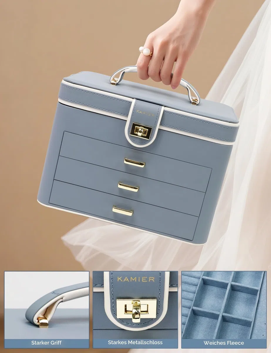 KAMIER Schmuckkästchen für Damen, Große Schmuckschatulle mit 4 Ebenen, Schmuckbox mit Spiegel und Schloss,Schmuckaufbewahrung für Ringe, Ohrringe, Halsketten, Armbänder, Geschenkidee für Mädchen