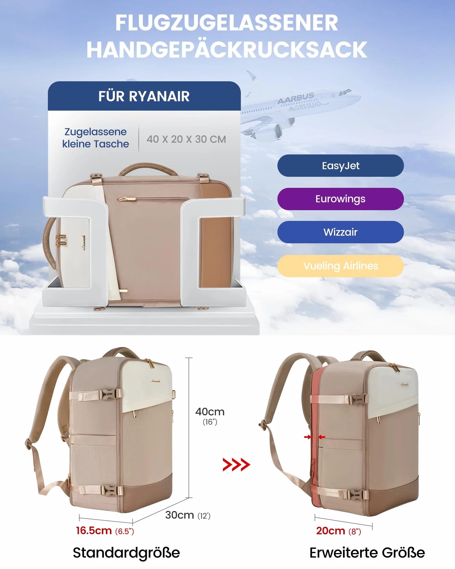 LOVEVOOK Ryanair Handgepäck 40x30x20, 24L Travel Handgepäck Rucksack für Damen, Erweiterbares Design, Ryanair Rucksack, Reiserucksack Cabin Bag für Eurowings, Wizz Air - Khaki