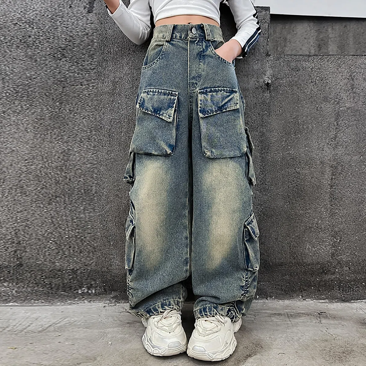 Rolanko Baggy Cargo Jeans für Mädchen, Elastische Hose mit Hoher Taille und Weitem Bein Y2K Jeanshose mit Mehreren Taschen