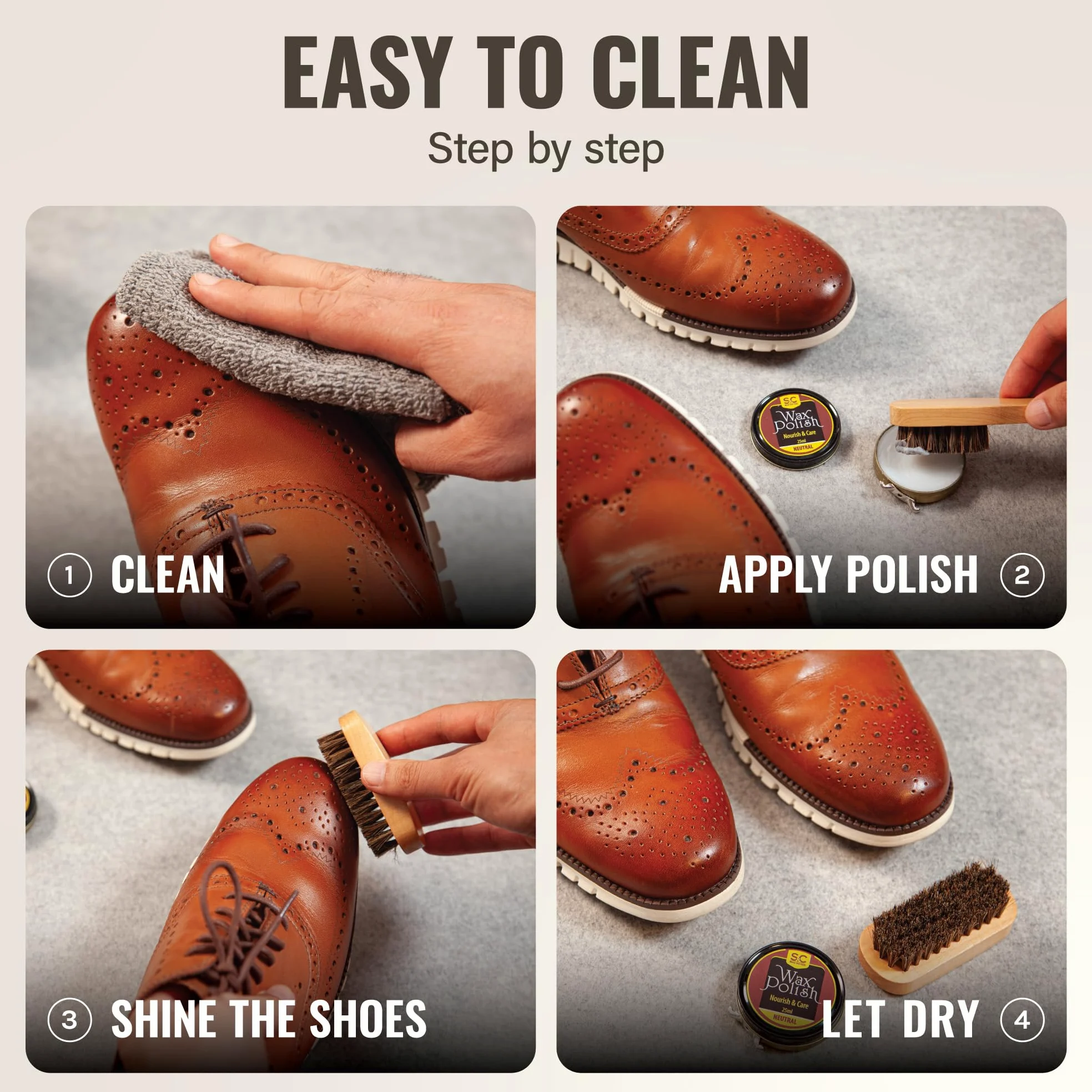 Stone and Clark 12-teiliges Schuhcreme & Pflegeset aus Leder mit braunem Wachs, Schuhbürsten zum Polieren, kompaktes Schuhputzset mit Rosshaarbürsten & PU