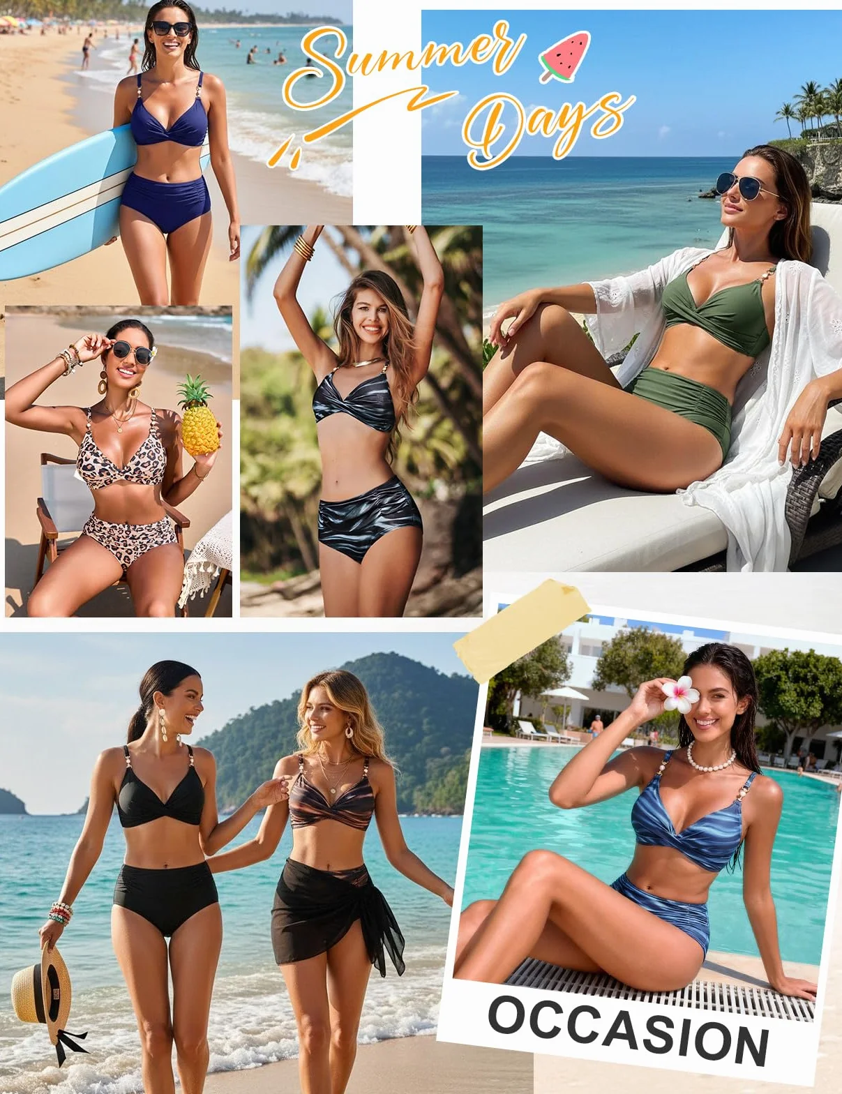 Nadeer Damen Bikini Set V Ausschnitt Crossover Zweiteiliger Badeanzug mit Perlen Elegant High Waist Bademode Push Up Bauchweg Swimsuit
