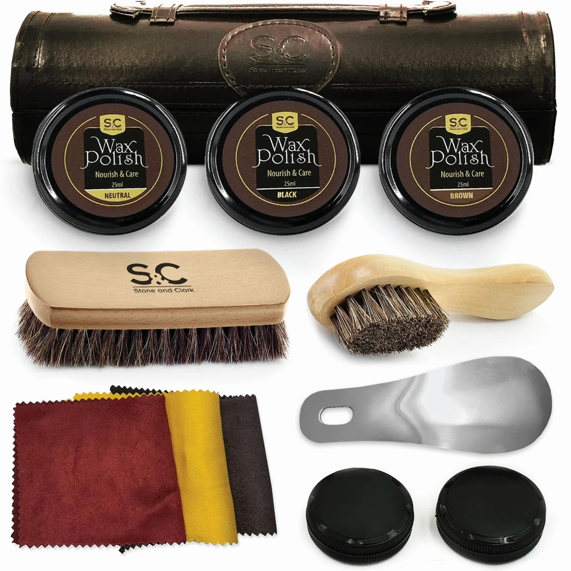 Stone and Clark 12-teiliges Schuhcreme & Pflegeset aus Leder mit braunem Wachs, Schuhbürsten zum Polieren, kompaktes Schuhputzset mit Rosshaarbürsten & PU
