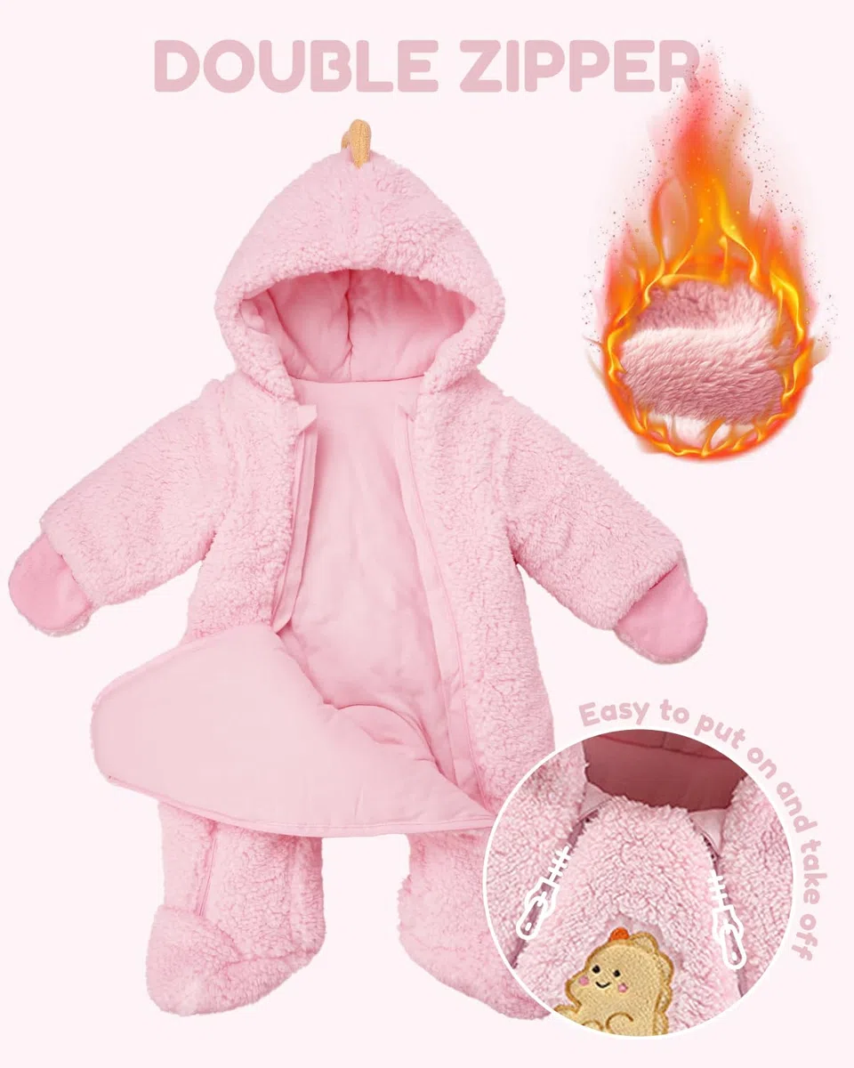 JiAmy Baby Winter Overall Mit Kapuze Schneeanzüge Outfits Fleece Bär Strampler Jungen Mädchen Jumpsuit Spielanzug 0-12 Monate