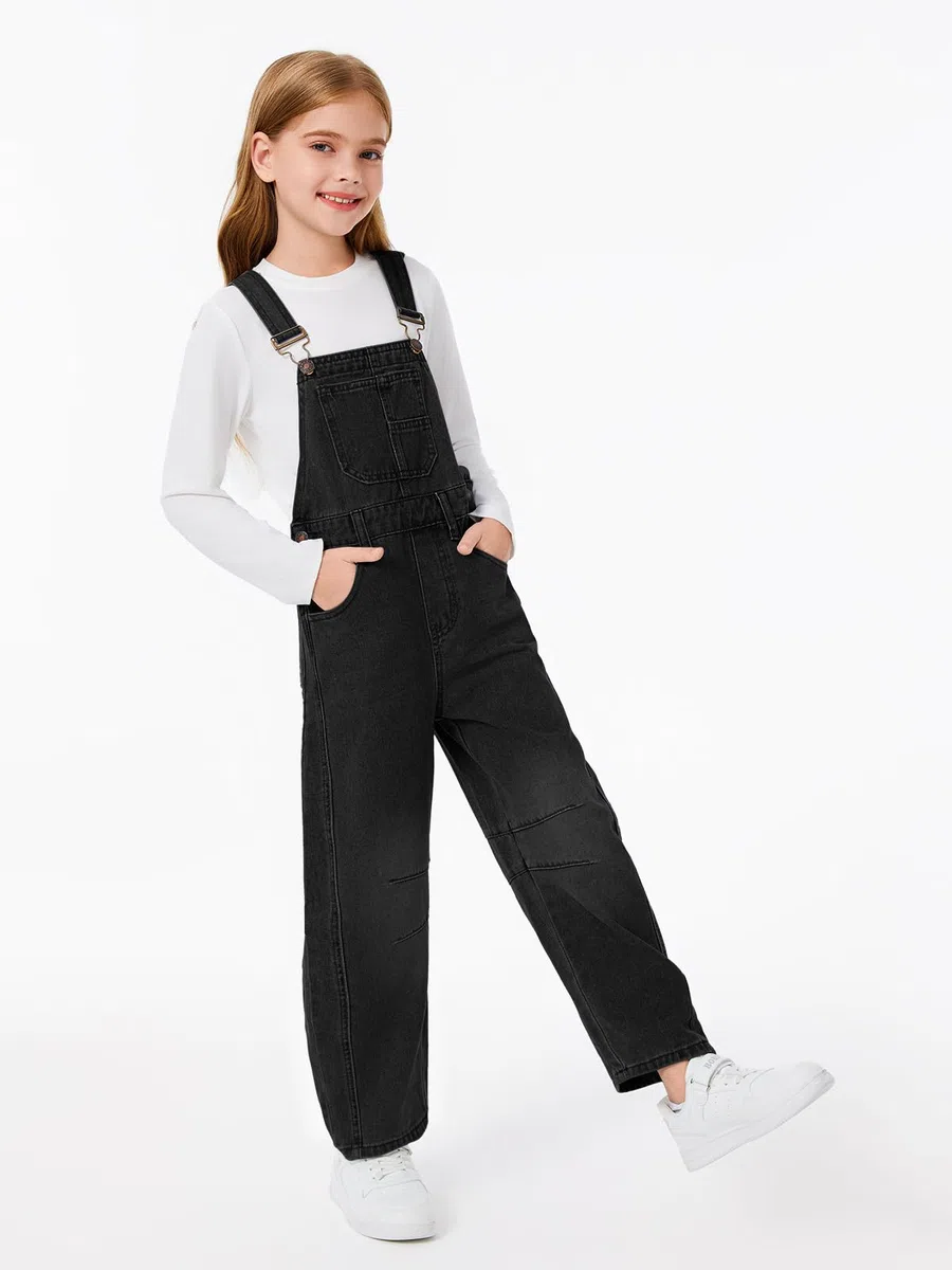 Haloumoning Denim Jumpsuit Mädchen Jeans Latzhose Kinder Ärmelloses Lange Hosen Overall Casual Loose Fit Strampler mit Taschen