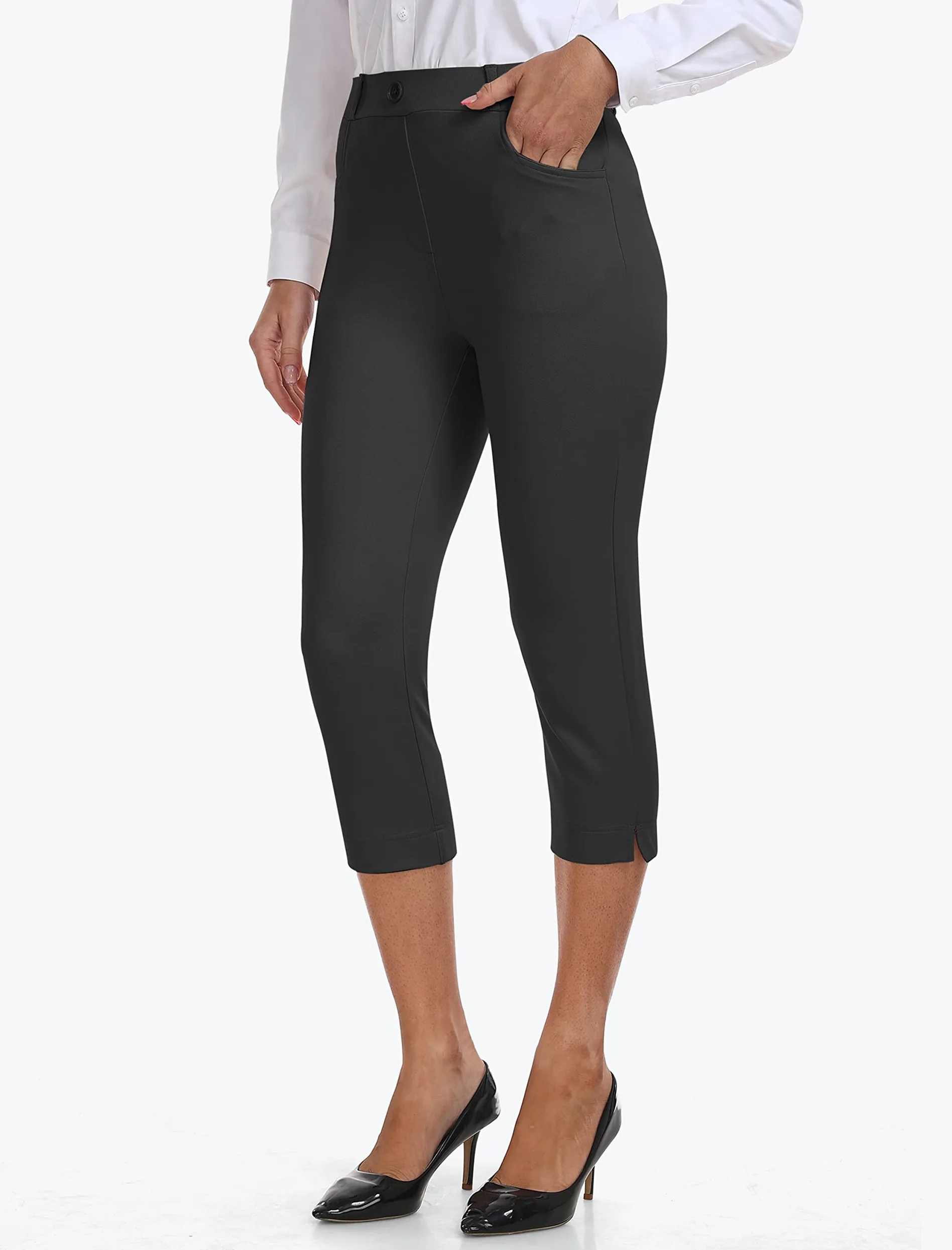 Damen Hosen für Business Stretch Freizeithose High Waist Straight Yoga Bürohose Slim Fit Capri Hosen mit Taschen Schwarzgrau S