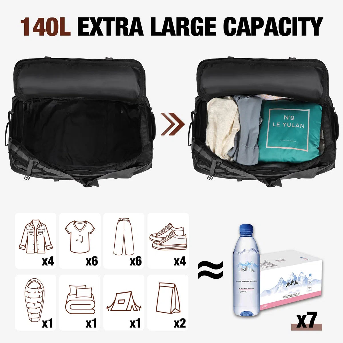 REDCAMP 140L Extra Große Reisetasche mit Rollen, Faltbare XXL Rucksack Sporttasche, Wochenend Handgepäck für Camping, 92x40x38cm, Schwarz