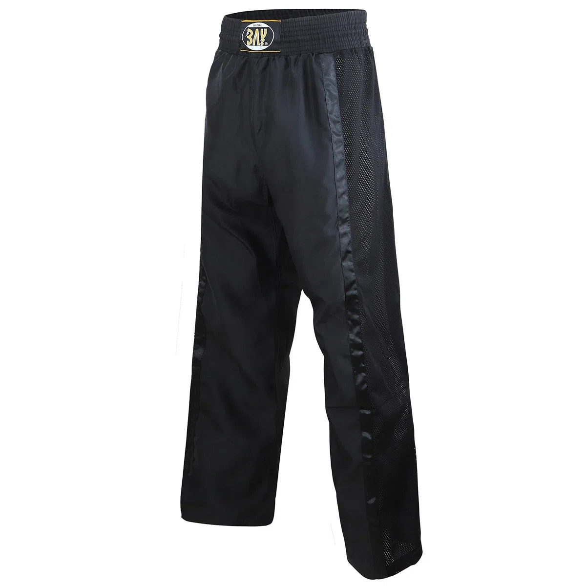 Bay Netz Mesh Kickboxhose Kampfsporthose Schwarz lang Mesh-Netzeinsatz Kontraststreifen in Schwarz seitlich Polyester Erwachsene Damen Herren Kinder Jungen Mädchen Größe L (180)