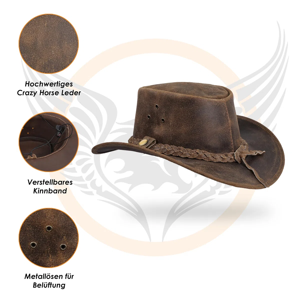 Leatherick Cowboyhut für Herren – Western Aussie Style Outback-Hüte aus echtem Crazy Horse-Leder mit Kinnriemen