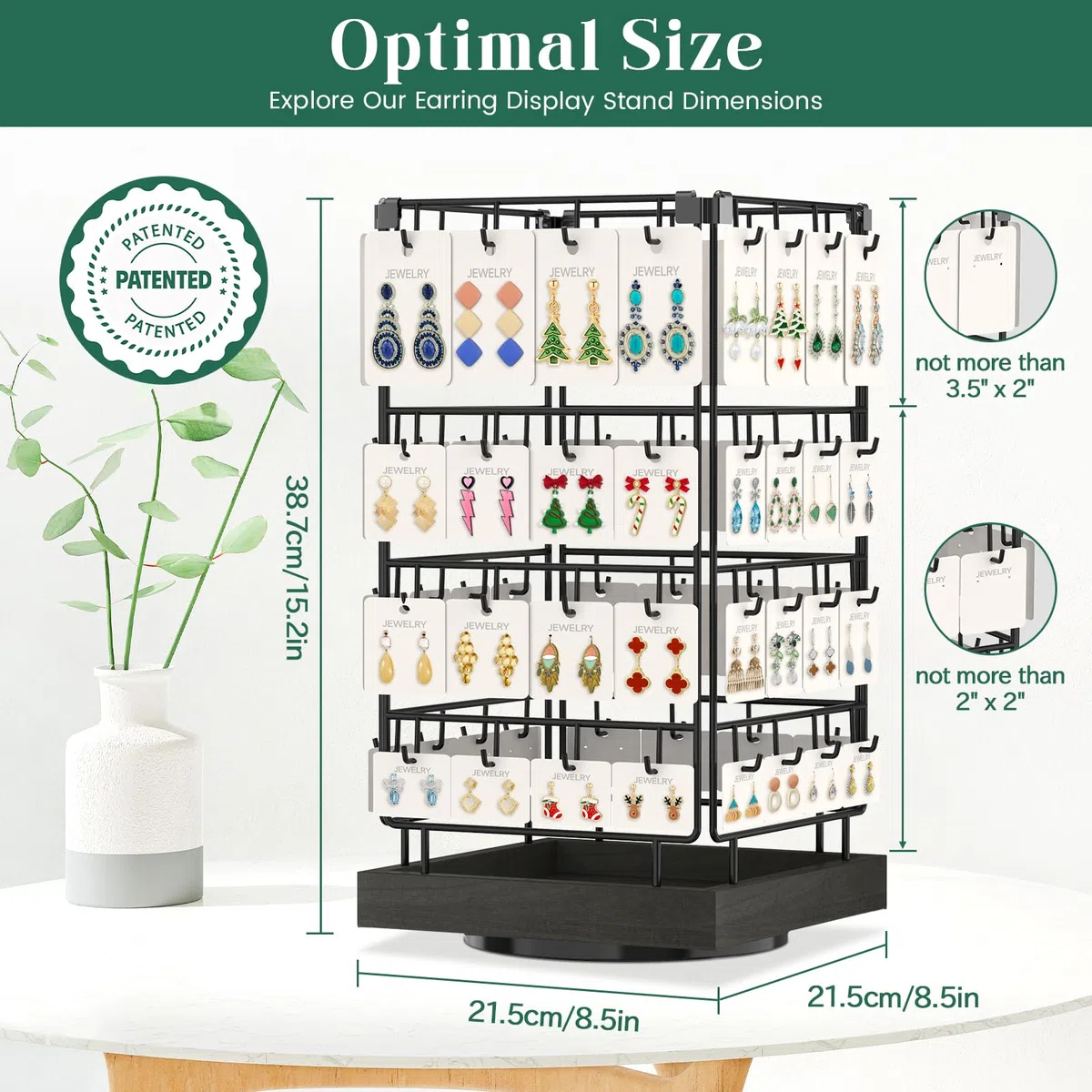 EsLuker.ly Rotierender Ohrringständer Ohrringe Aufbewahrung Ohrringhalter Organizer für Verkäufer, Ohrringkarten Schmuckaufbewahrung Earring Rack Display Stand mit 64 Haken, Schwarz
