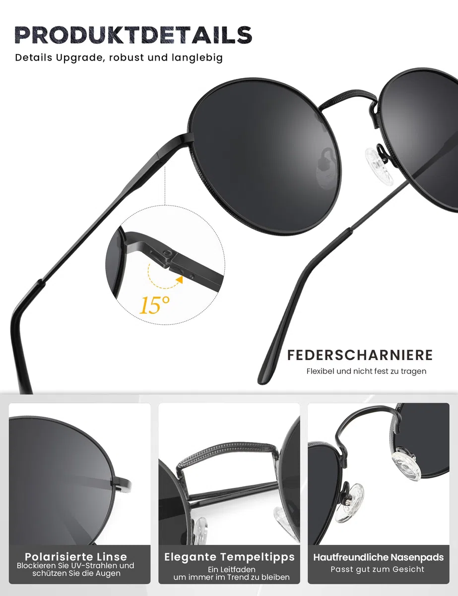 HENGOSEN Sonnenbrille Herren Rund Sunglasses-Men: Polarisiert Runde Sonnenbrille Retro Metallrahmen Sonnenbrille Herren Damen
