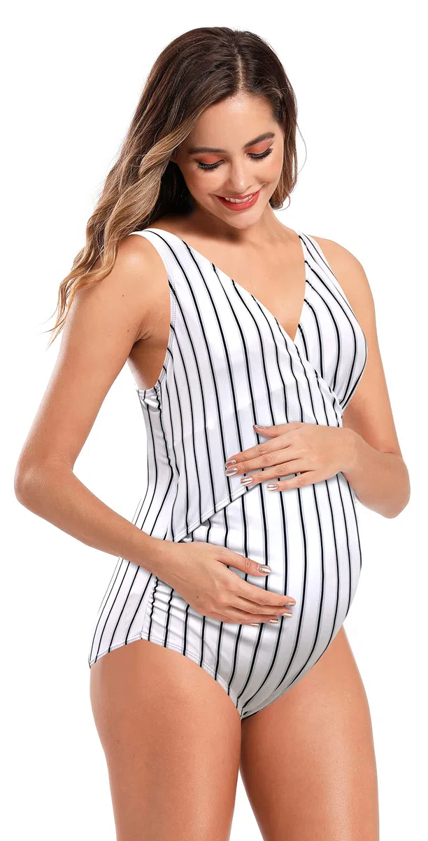 SHEKINI Maternity Einteiliger Badeanzug Damen V-Ausschnitt Verstellbarer Schultergurt Ties-up Ruched Einteiliger Bikini Grosse Grössen Rückenfrei Umstandsbadeanzug