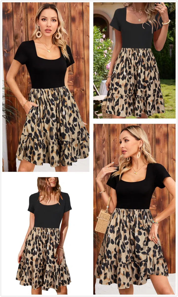 Newshows Sommerkleid Damen Knielang Sommer Kurzarm Kleid Quadratischer Ausschnitt Elegant Strandkleid Mit Taschen