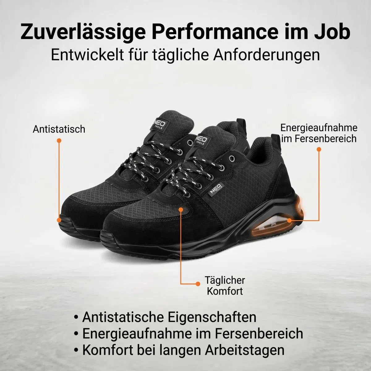 NEO TOOLS NEO Air Profi Arbeitsschuhe Sicherheitsschuhe, Atmungsaktive Halbschuhe für Handwerk & Logistik, Sportliche Leichte Berufsschuhe