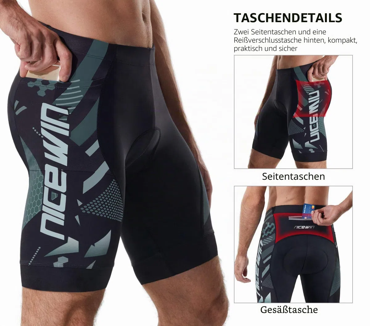 NICEWIN gepolsterte Mountainbike-Shorts für Herren, leicht, atmungsaktiv, für Radfahren, MTB, halblange Hosen mit Taschen