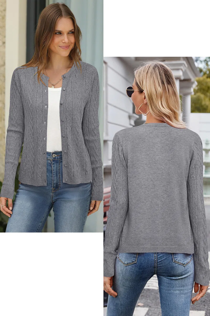 Arach&Cloz Damen Strickjacke Leichte Langarm Rundhals Ausschnitt Cardigan Früling Sommer Strickpullover mit Knopf