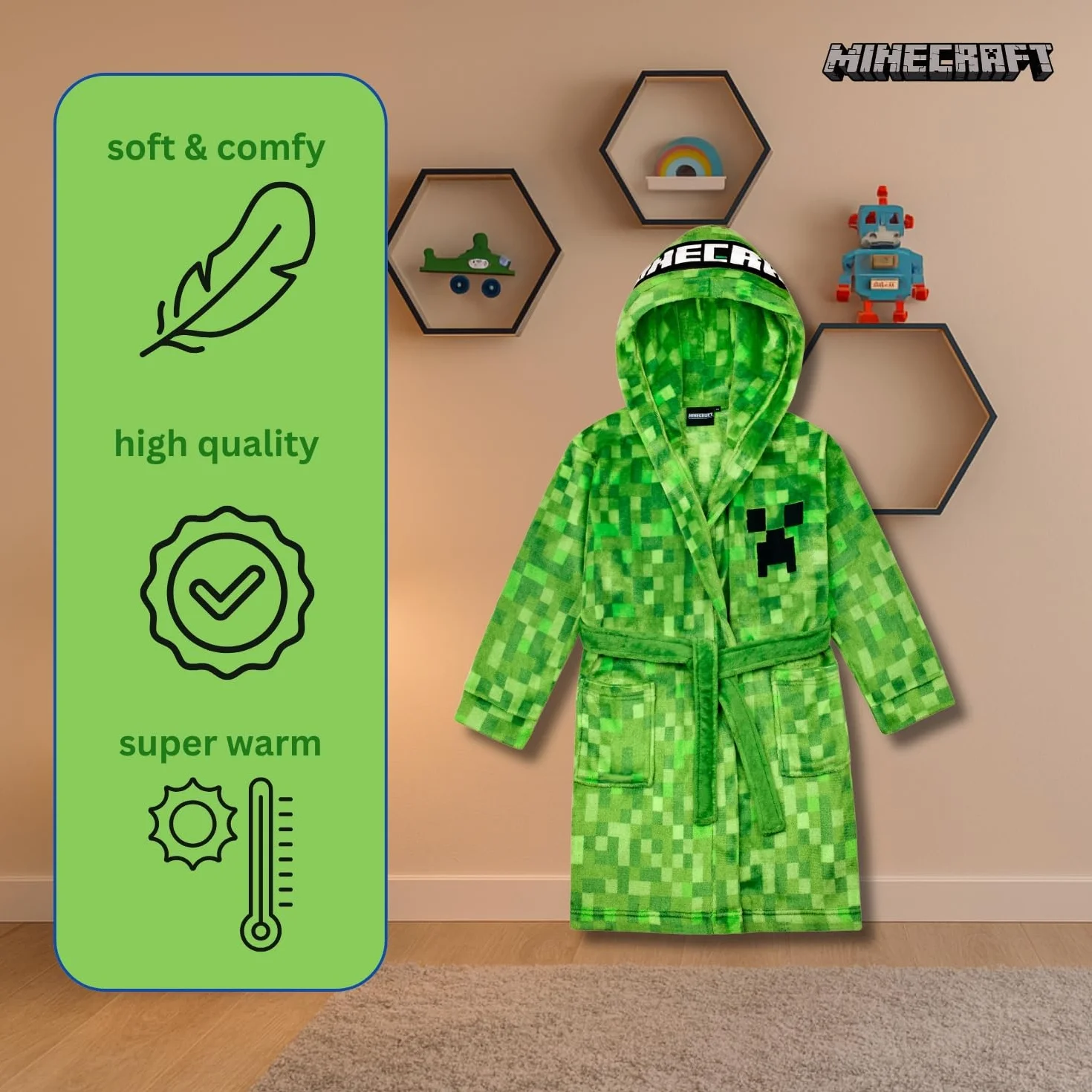 Minecraft Bademantel Kinder Jungen Fleece Morgenmantel mit Kapuze Creeper Design