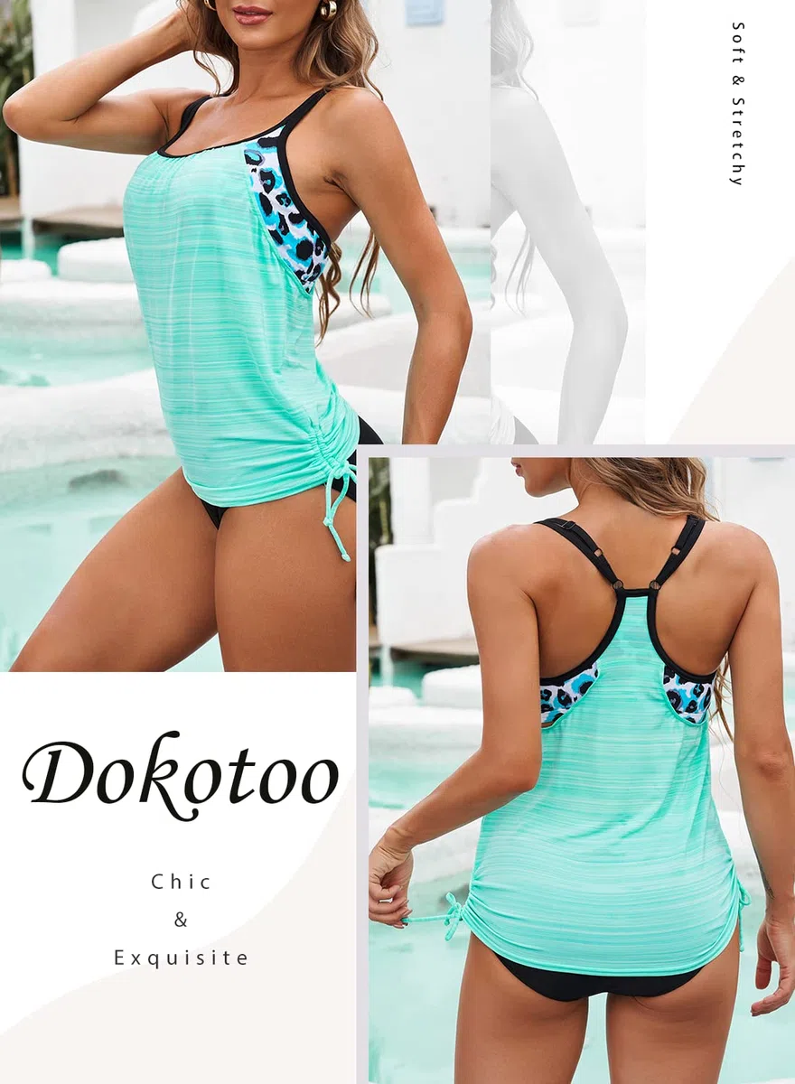Dokotoo Tankini Damen Bauchweg Bademode Set Zweiteiliger Badeanzug Push up Gepolstert Tankinis Oberteil mit Slip S-XXL