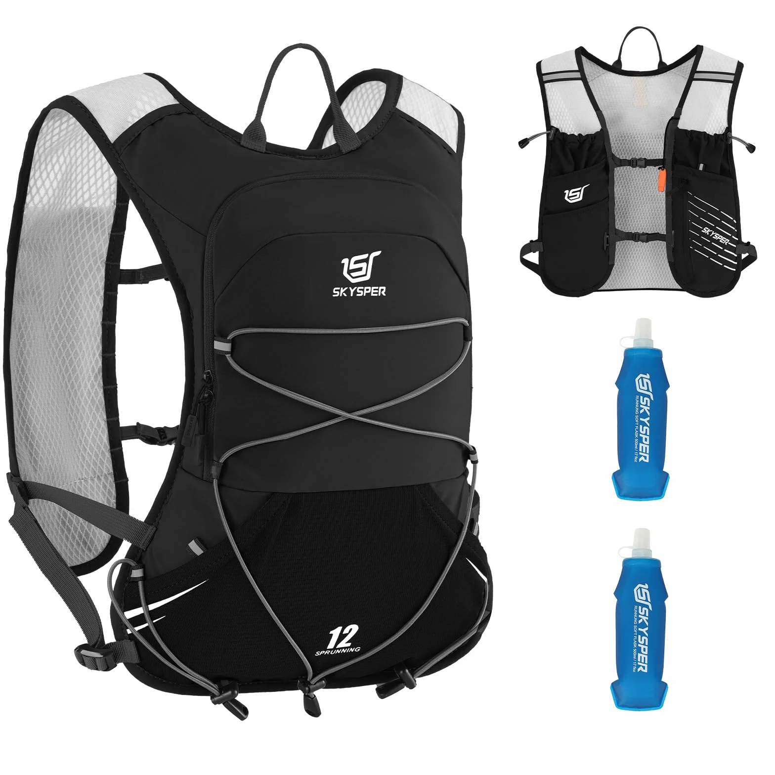SKYSPER Laufweste für Damen Herren, 12L Laufrucksack Trinkweste Laufen mit 2 Trinkflaschen 500ml Running Vest für Joggen Marathon Trailrunning