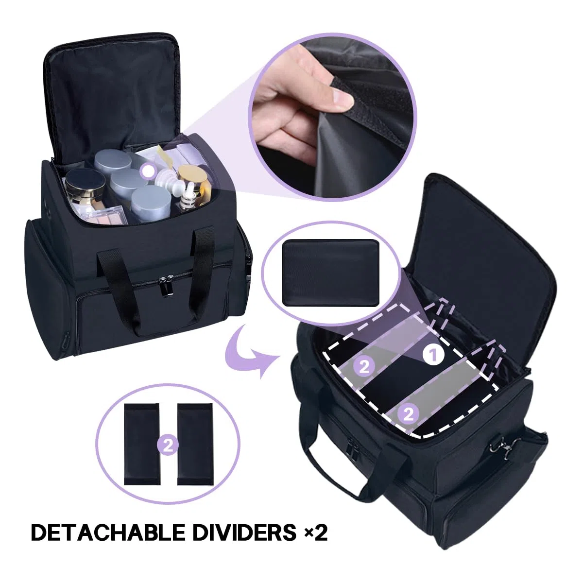 Große Kosmetiktasche mit Abnehmbaren Make-up-Tasche Schwarz | mit 4 abnehmbaren Doppelschicht Reiseveranstalter Make-up-Tasche mit Innenteilern und Bürsten Aufbewahrungsbereich