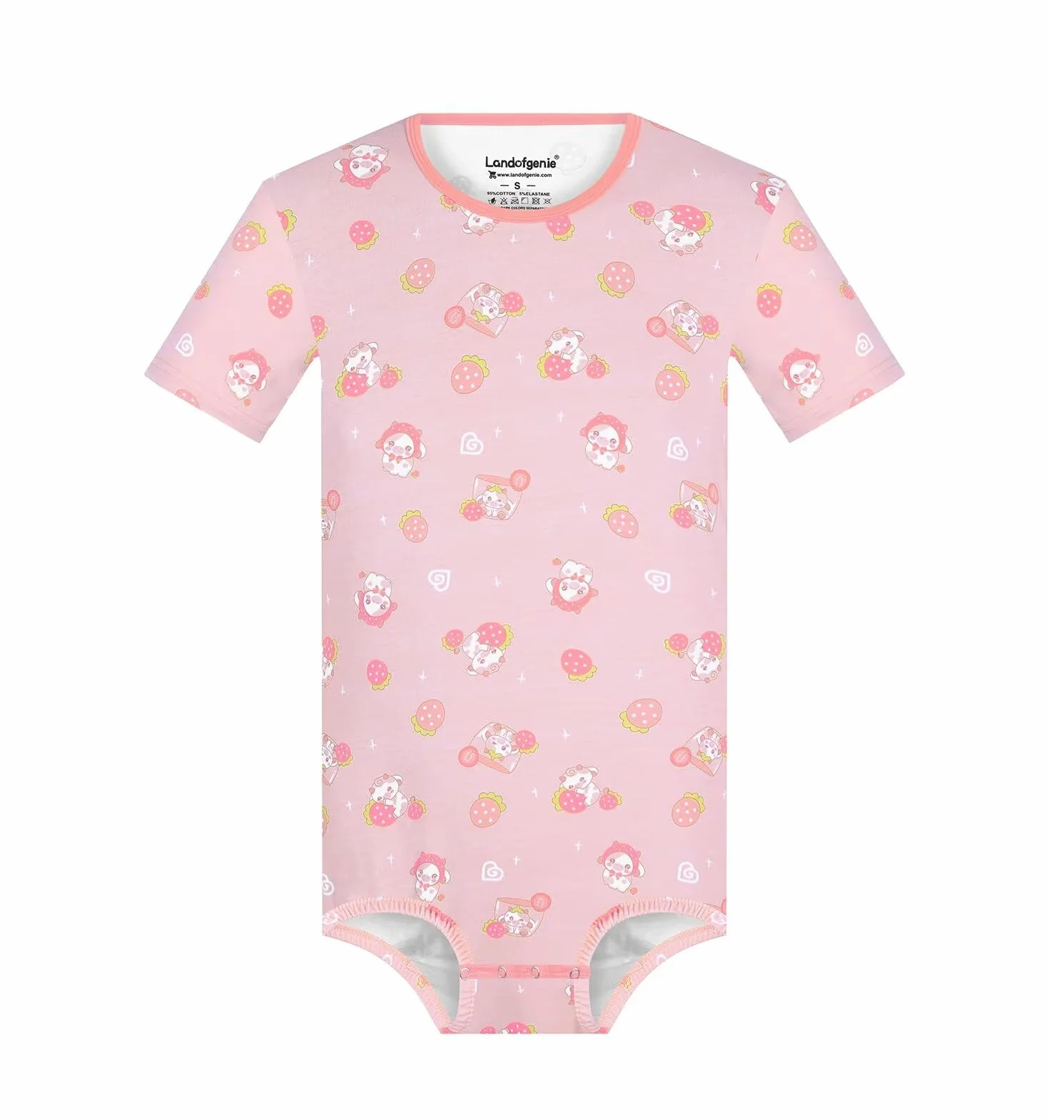 Landofgenie Kurzärmeliger Herren-Bodysuit Einteiliges T-Shirt Bedruckter Pyjama Leotard Atmungsaktive Baumwolle Onesie Erdbeer Kuh