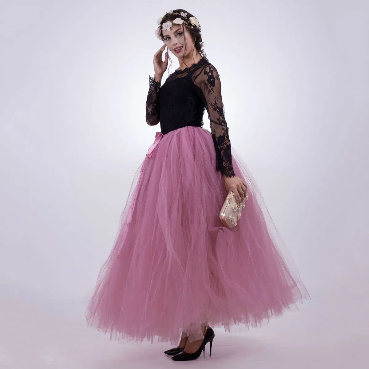 Tüllrock Damen Lang Nädchen Gefalteter Schlank Rock Elegant Elastisch Hohe Taille Stufendecke Mesh Tutu Röcke Puffy Maxi Röcke A-Line Stufe Tutu Prom Hochzeit Tüll Röcke