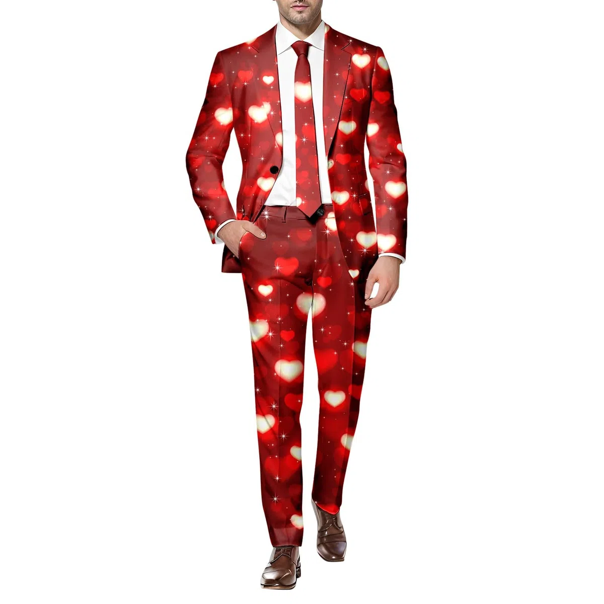 Herren-Valentinstag Anzug, 2 Teilig Slim Fit Herrenanzug Herz-Print und Hose 2-teiliger Party Kostüm für Männer Herz/Love Druck Blazer Elegante Slim Fit für Valentinstag Party Outfits
