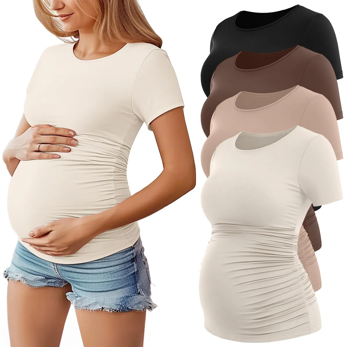 Geyoga 4er-Pack Damen-Schwangerschaftsshirts, Kurzarm, Rundhalsausschnitt, Schwangerschaftsoberteil mit Seitlichen Raffungen