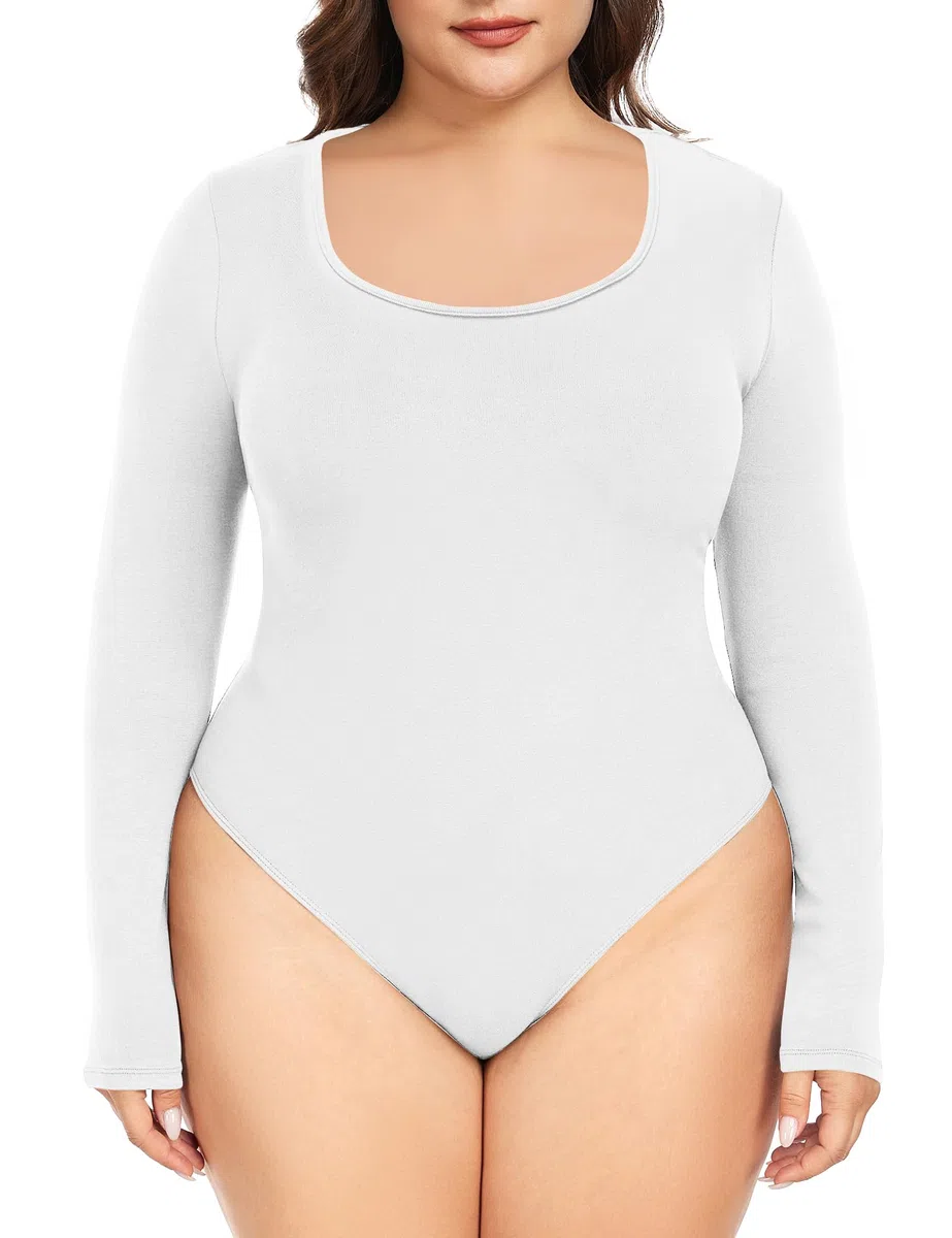 FOREYOND Bodys in Übergröße für Damen, langärmelig, U-Ausschnitt, lässig, schmale Passform, Basic-Trikot
