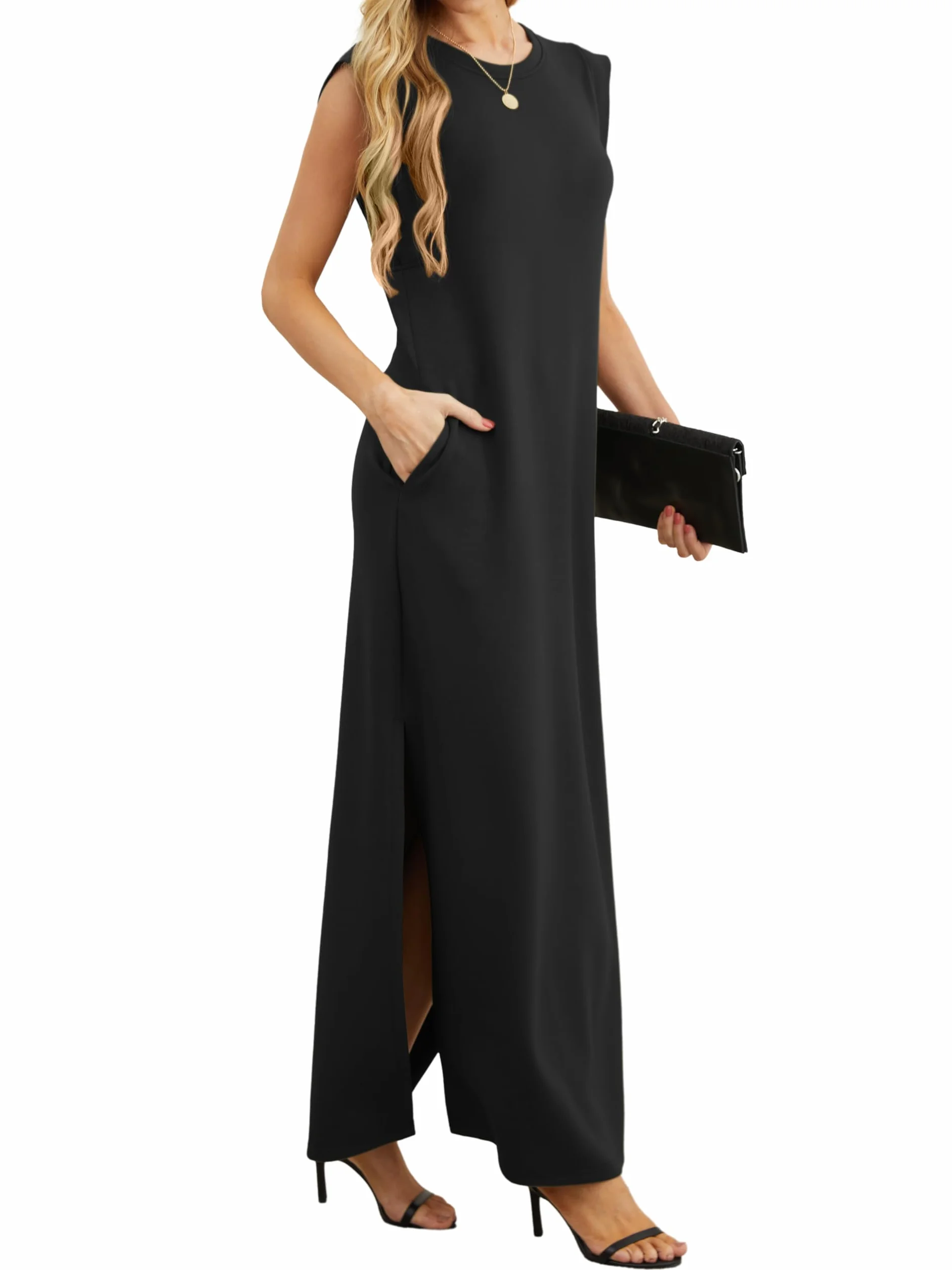 GRECERELLE Damen Sommer Maxikleid lässig Hemdkleider Elegante Stile ärmellos Maxikleider für Damen mit Schlitz und Taschen