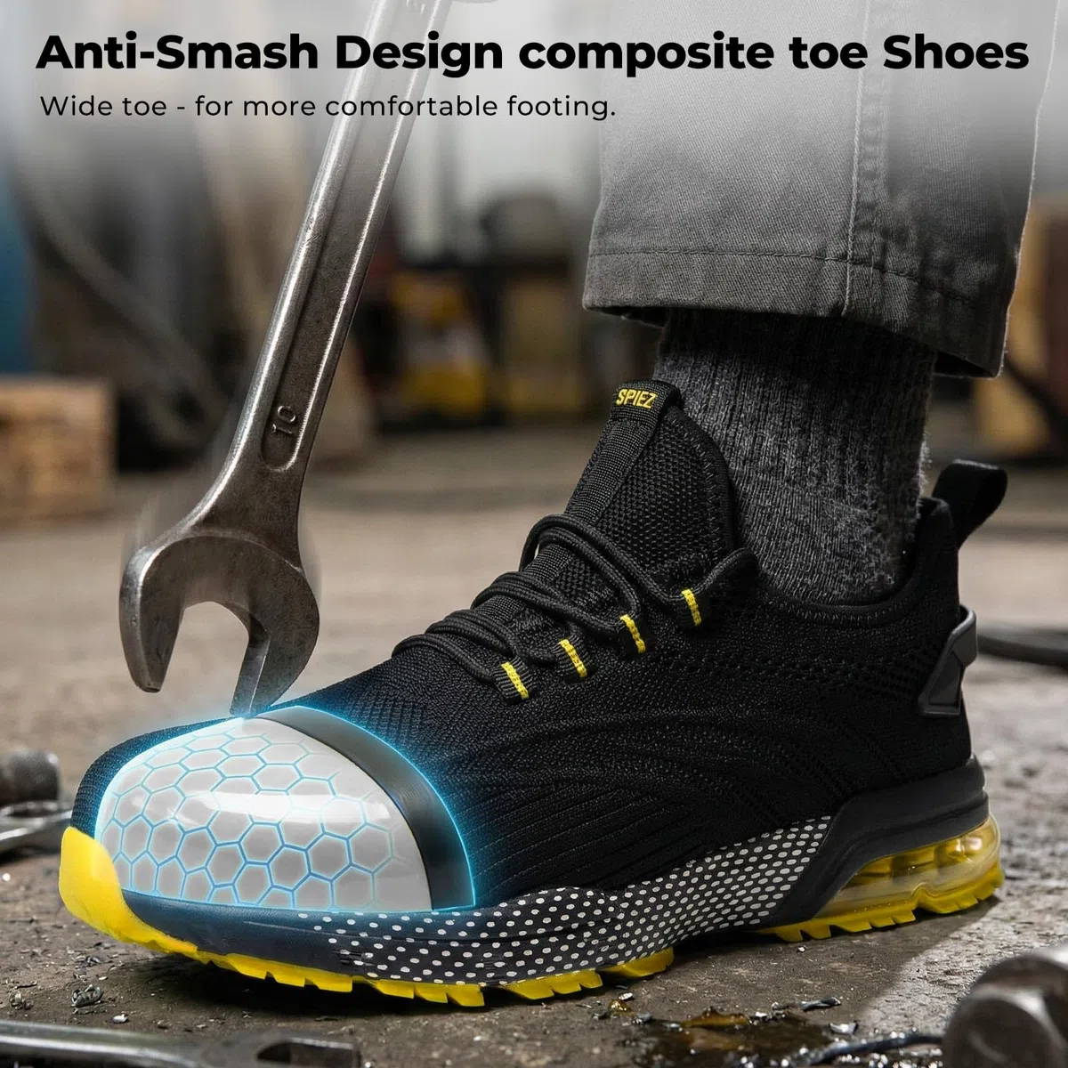 SPIEZ Arbeitsschuhe Herren Damen, Nicht Stahlkappenschuhe Luftkissen Arbeits Berufsschuhe, Leicht Atmungsaktive Safety Shoes Schwarz Blau/Schwarz Gelb EU36-46