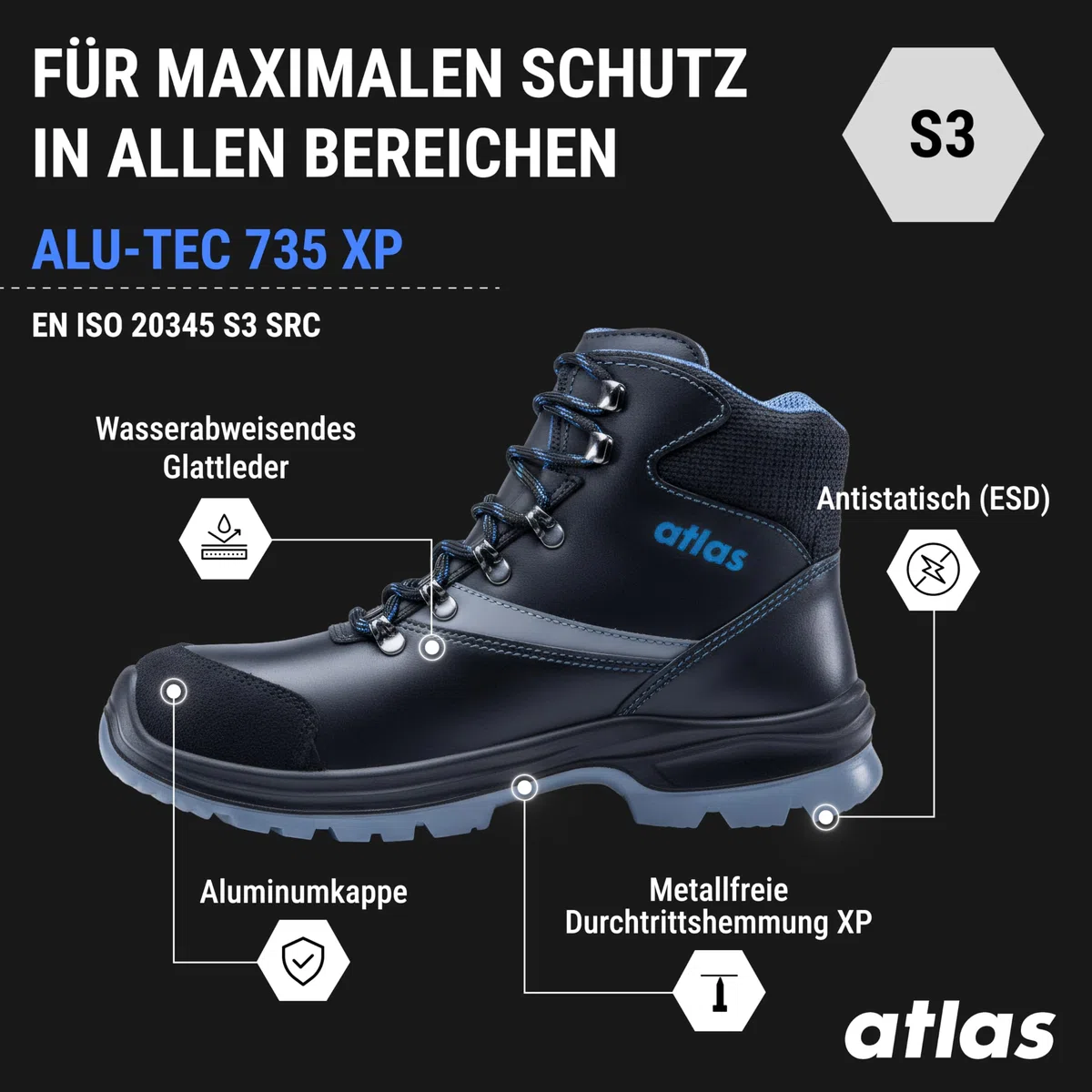 Atlas alu-tec 735 XP ESD Sicherheitschuhe Arbeitsschuhe für Herren und Damen S3 wasserdicht, Outdoor, Aluminiumkappe