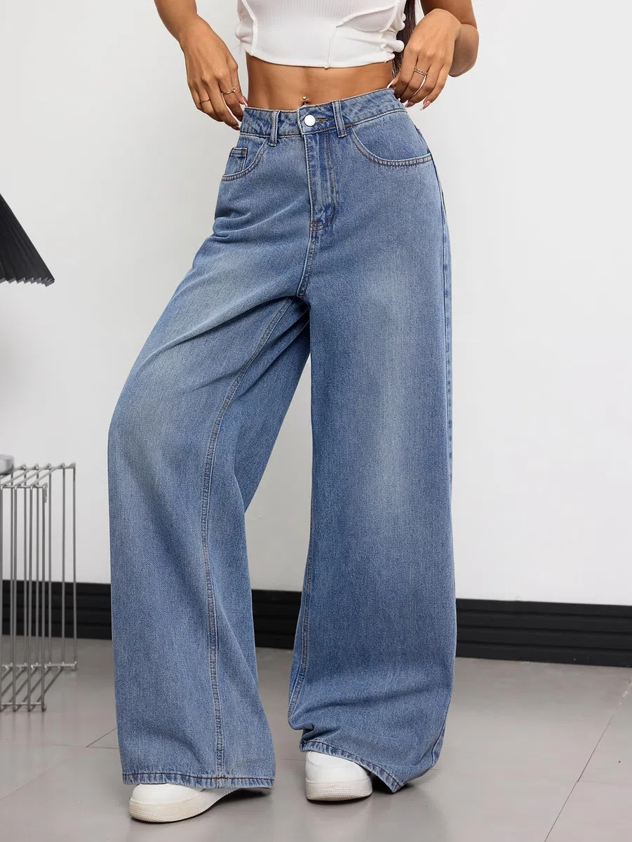 Damen Baggy Jeans Weite Beine Denim Hose Y2K 90er Vintage Hip Hop Loose