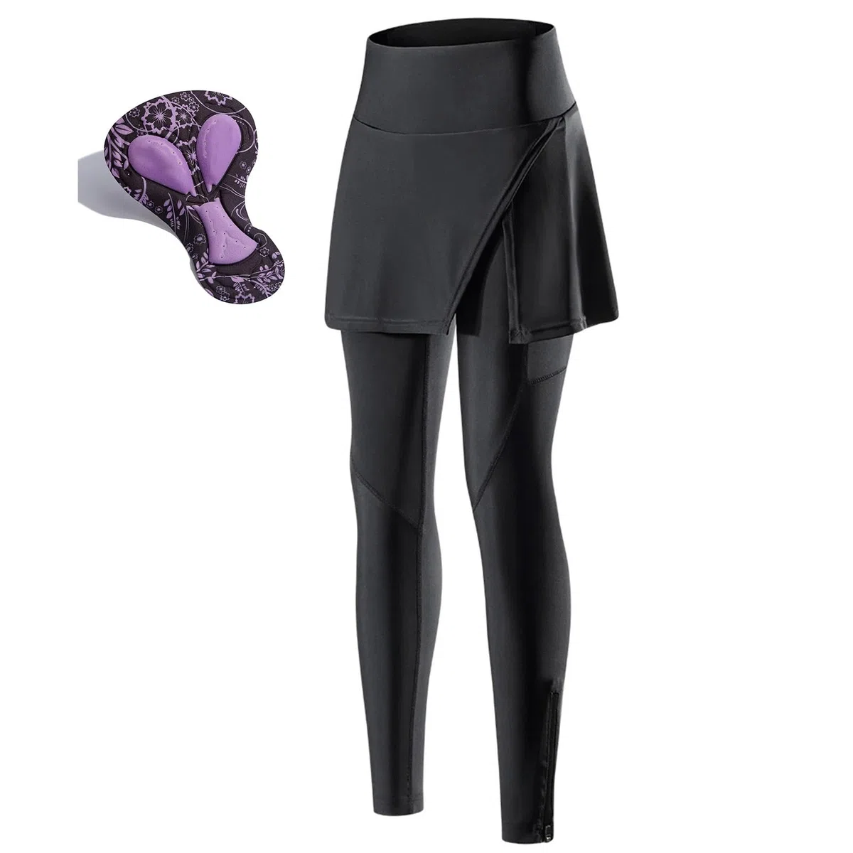 Radlerhose Damen Lang Gepolstert mit Rock, Fahrradhose Frauen Leggings High Waist Fahrradrock Atmungsaktiv Schnell Trocknend Radhose mit Tasche(XL)