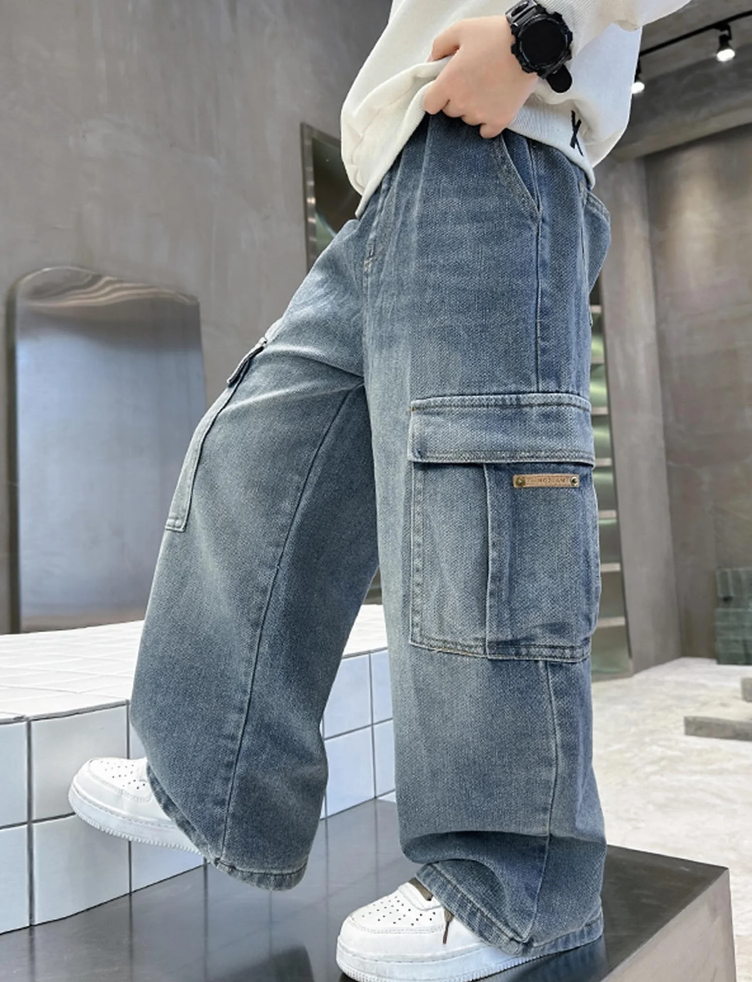 Happy Cherry - Baggy Jeans Jungen Teenager Denim Hose Jeanshosen Kinder 5-14 Jahre Vintage Streetstyle mit Elastischem Bund für Sommer Frühling Herbst Winter - 110-164