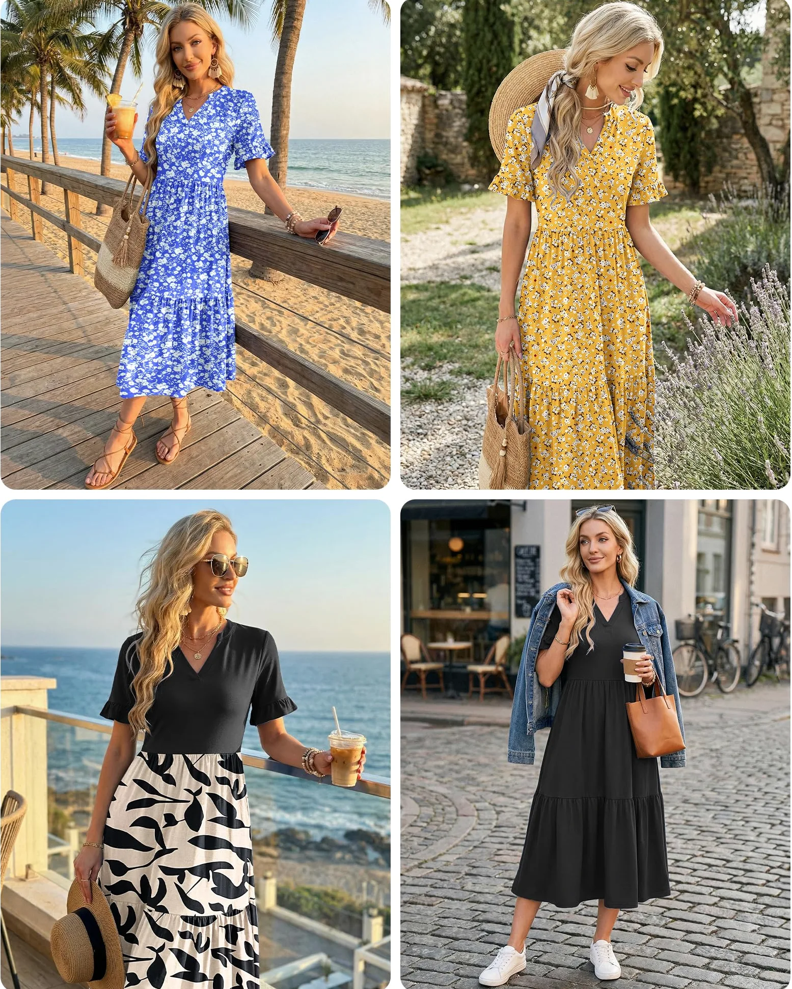 AUSELILY Sommerkleid Damen Lang V Ausschnitt Maxikleider Damen Sommer Rüschen Kurzarm Strandkleid mit Taschen Elastischer Taille