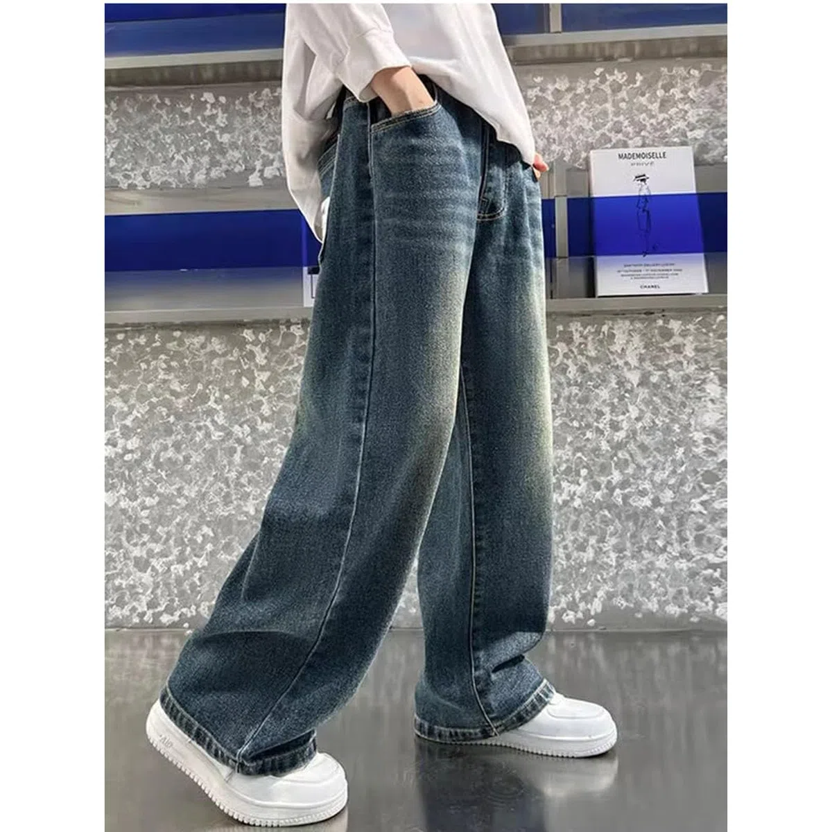 Generisch Jungen Jeanshose, Jungen Straight Leg Jeanshose Denim Hosen mit Elastischem Streetwear mit Taschen Cargohose Baggy Jeans Jungs 158 Denim Hose Streetwear Kette FüR Hose Jungs