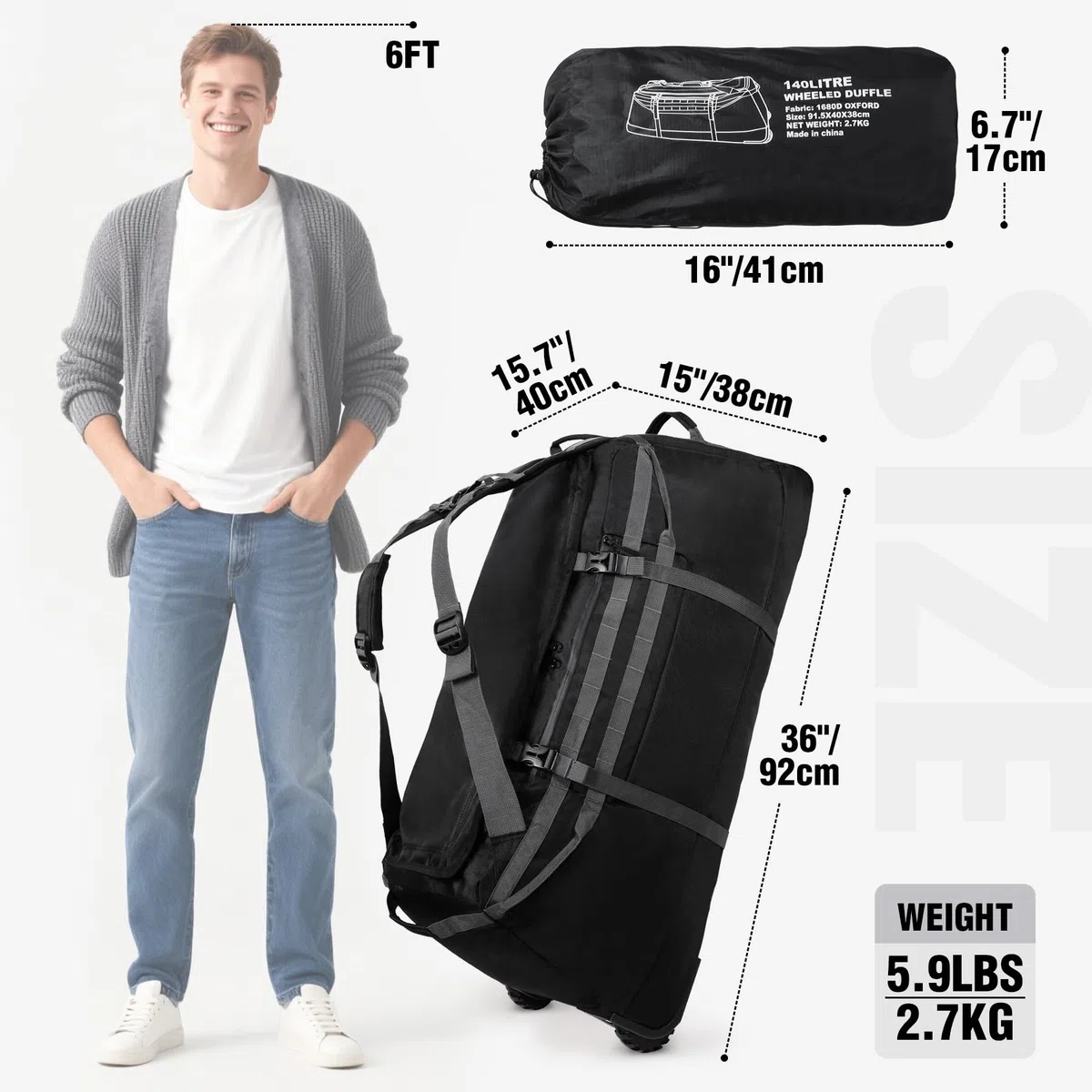 REDCAMP 140L Extra Große Reisetasche mit Rollen, Faltbare XXL Rucksack Sporttasche, Wochenend Handgepäck für Camping, 92x40x38cm, Schwarz