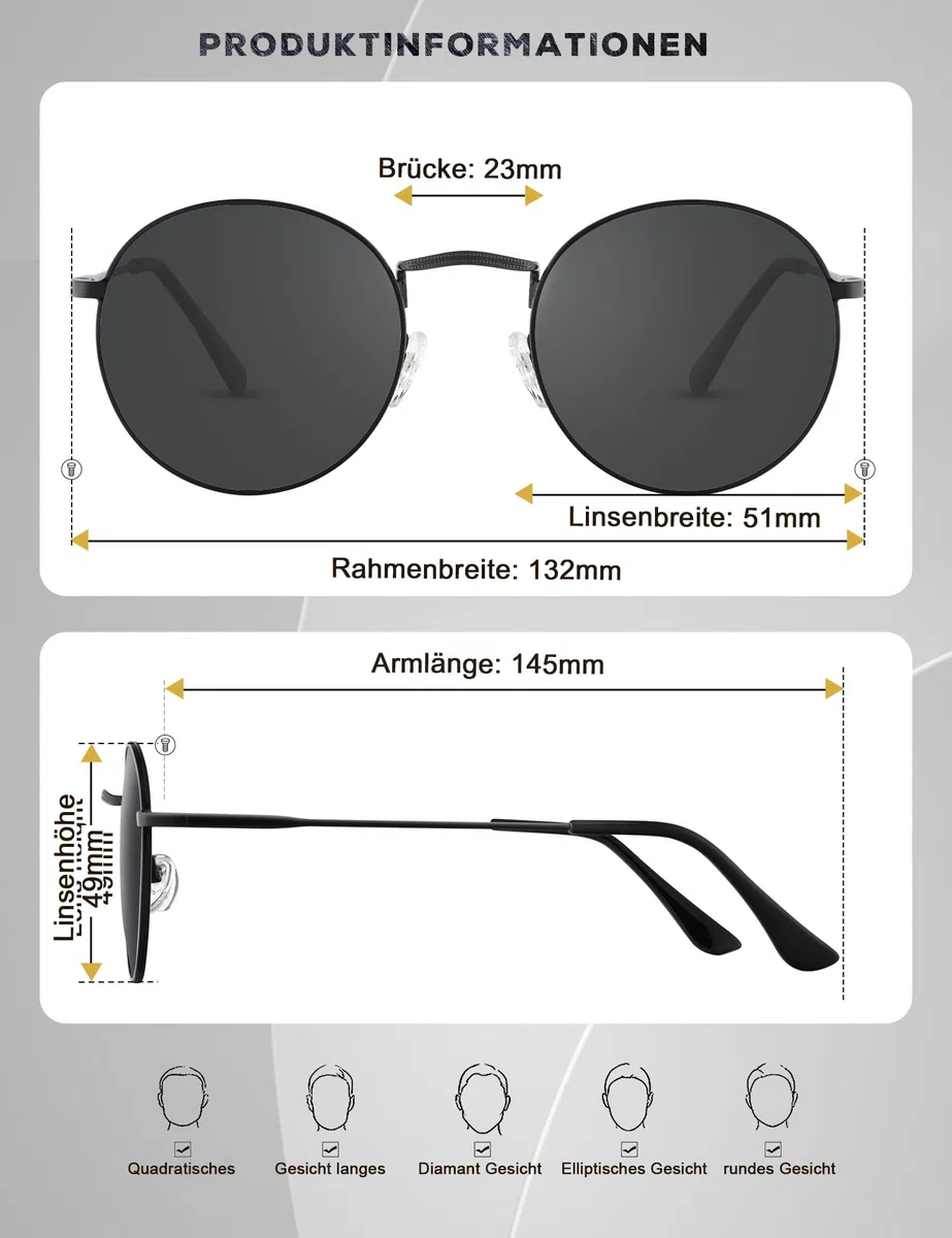 HENGOSEN Sonnenbrille Herren Rund Sunglasses-Men: Polarisiert Runde Sonnenbrille Retro Metallrahmen Sonnenbrille Herren Damen