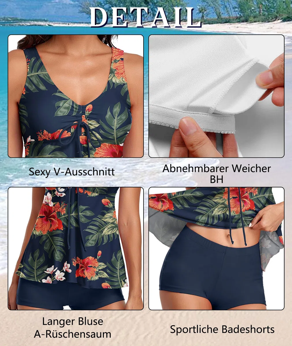 wihnsinop Tankini Damen Bauchweg Badeanzug Push Up Oberteil mit Badeshorts Bademode Set Zweiteiler Sommer Drucken Badeanzüge für Damen Strand Ferien Freizeit