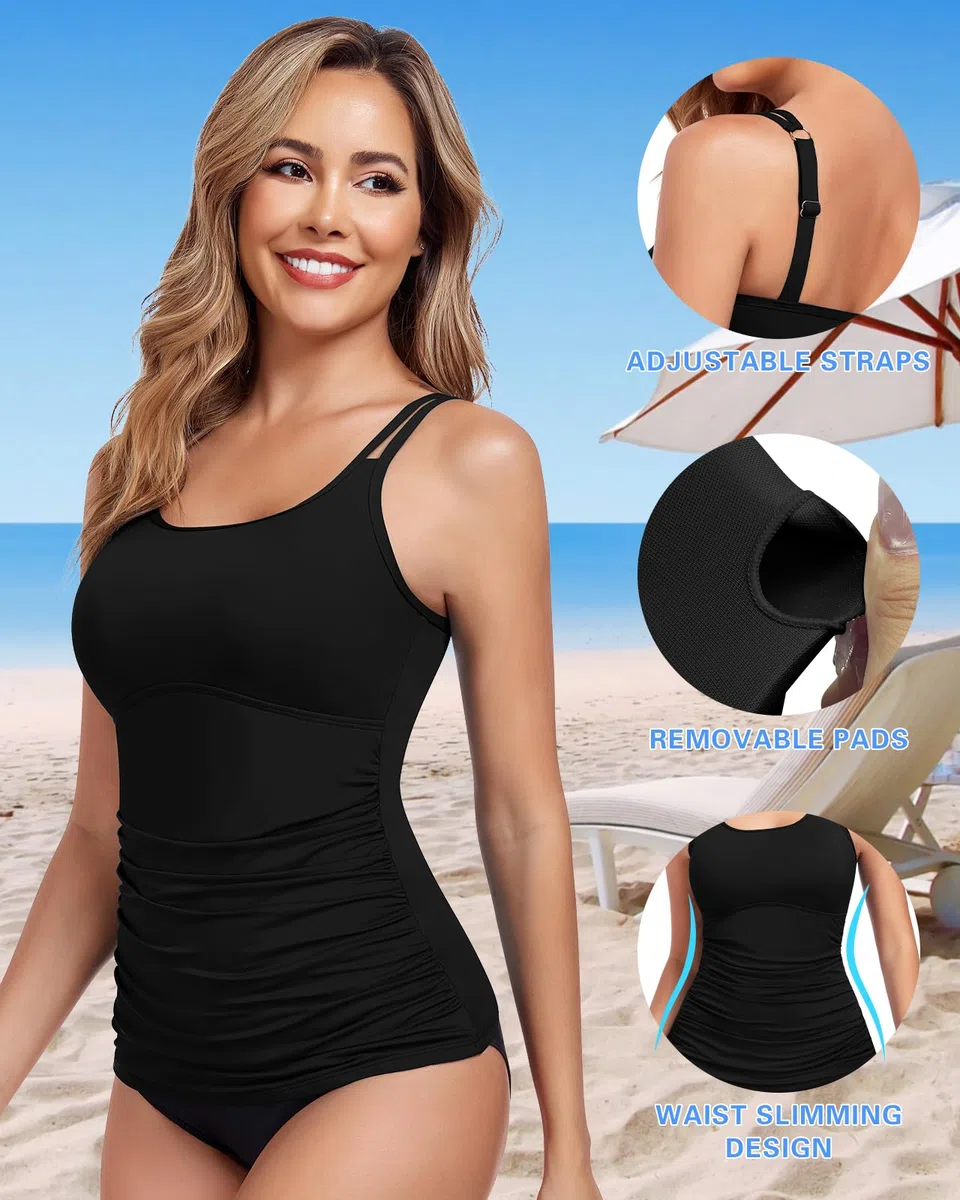 WOWENY Tankini Damen Bauchweg Badeanzug Oberteil Einzeln Bademode Elegant Swimsuit Gepolsterte Sommer Beachwear Sport Freizeit(Nur Tankini Oberteil)