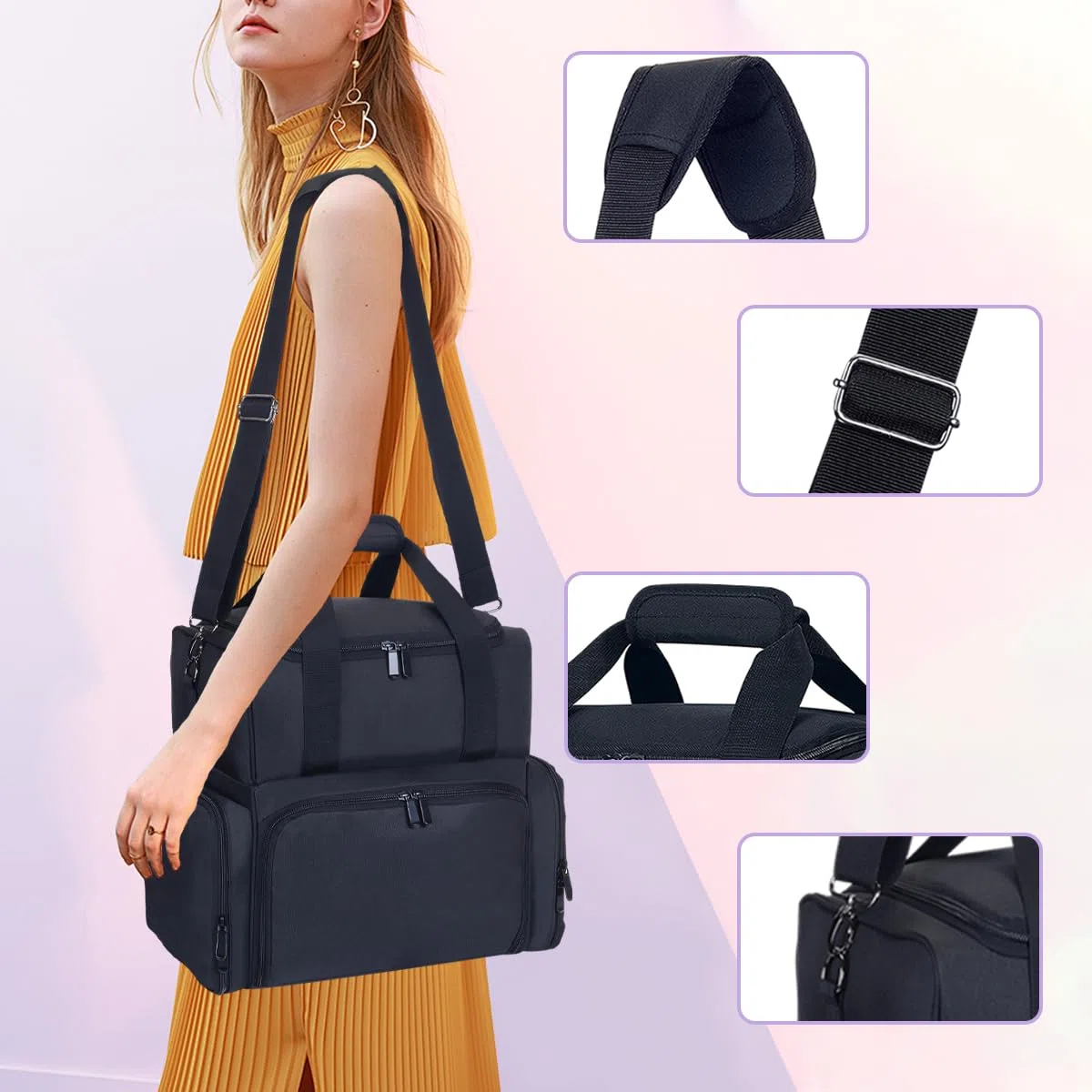 Große Kosmetiktasche mit Abnehmbaren Make-up-Tasche Schwarz | mit 4 abnehmbaren Doppelschicht Reiseveranstalter Make-up-Tasche mit Innenteilern und Bürsten Aufbewahrungsbereich
