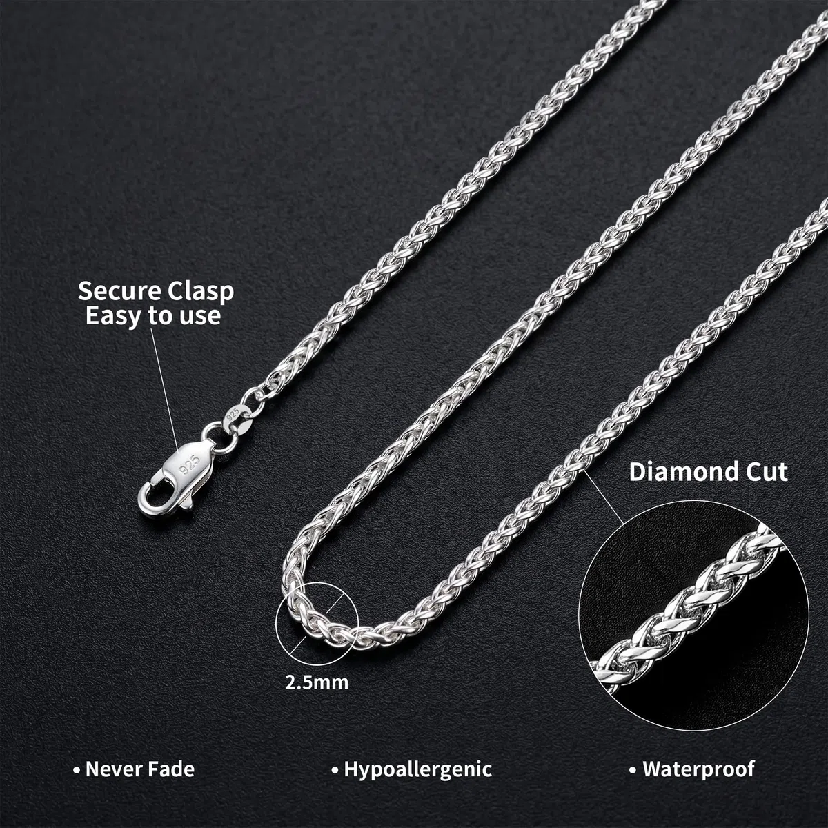 SLOONG Kette Silber 925 Herren - 2mm Weizen/Venetian Halskette 925 Over Silber Kette Halskette für Männer Schmuck Geschenke für ihn 18/20/22/24 Zoll